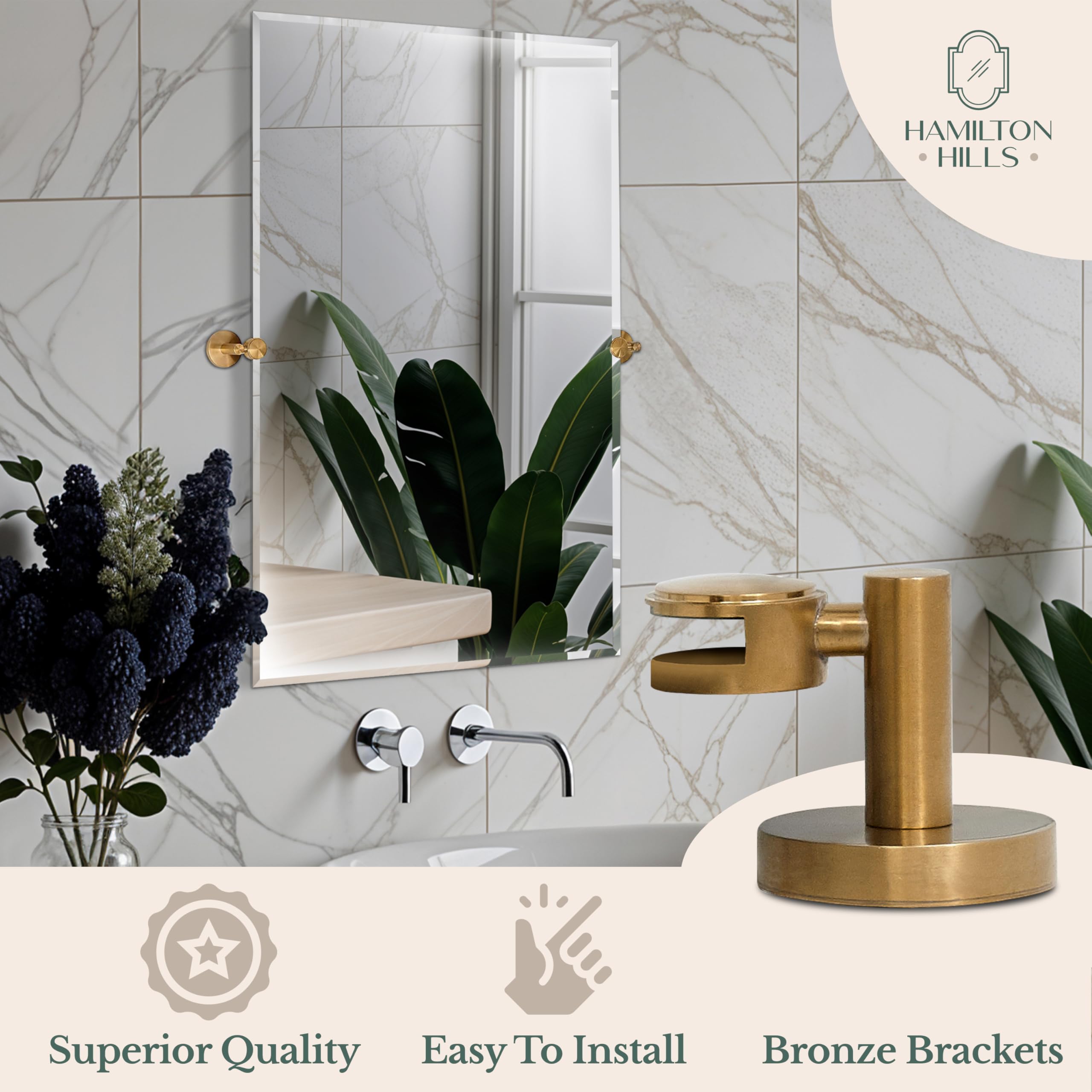 Hamilton Hills 24x36 Inch Frameless Pivot Bathroom Mirror - Adjustable Tilting Rectangular Wall Mirror with Gold Rounded Brackets - Modern Vanity & Shower Decor for Bathroom, Bedroom, and Entryway