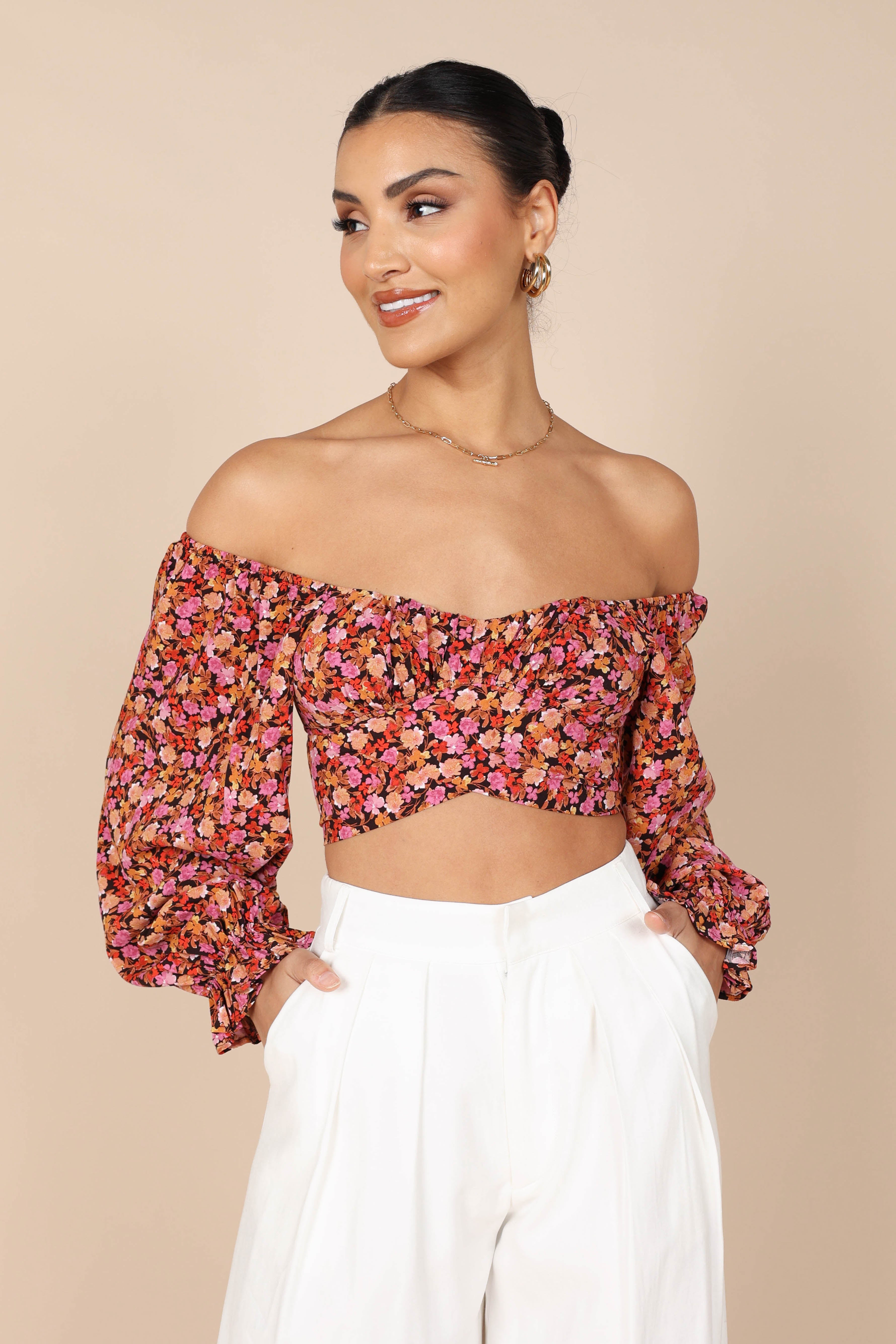 Jillian Cropped Top - Pink Floral Print Women's Fashion Blouse for Summer Outfits & Casual Wear