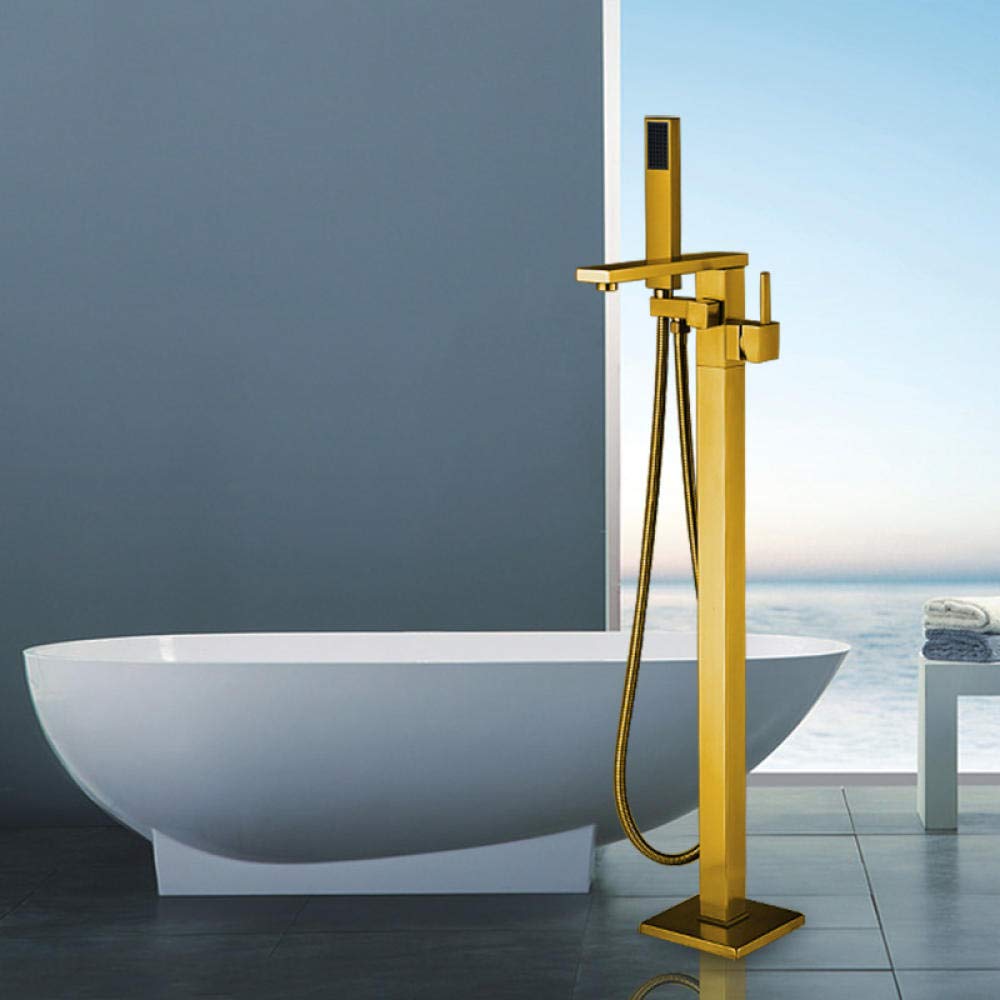 Gold Single Handle Bathtub Faucet Mixer with Hand Shower - Floor Stand Bathroom Tub Faucet for Modern Bathrooms, Spa-Like Shower Experience