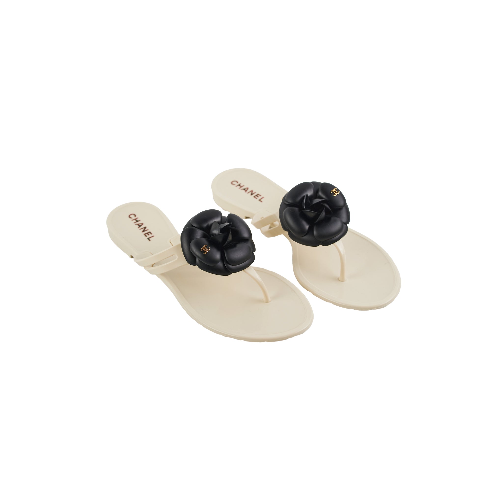Chanel Camelia Jelly Sandals for Women - Beige & Black Summer Slide Sandals Size 40 EU - Comfortable Luxury Beach Sandals for Vacation, Pool Party & Casual Outings