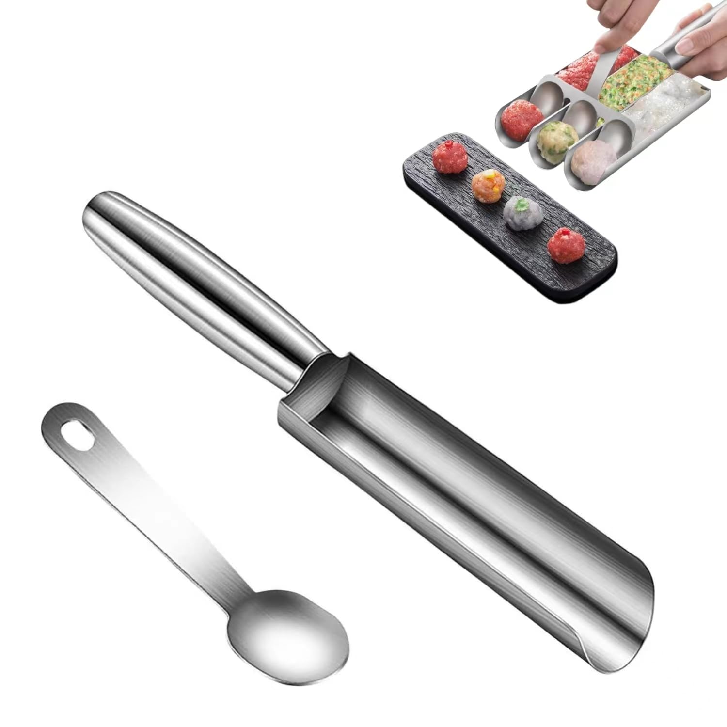 2024 New Stainless Steel Meatball Scoop Maker - Triple Meatball Mold for Cookie Dough & Meatballs | Portable Kitchen Tool for Baking, Cooking, Meal Prep & Party Food Making (Single Tube, Silver)