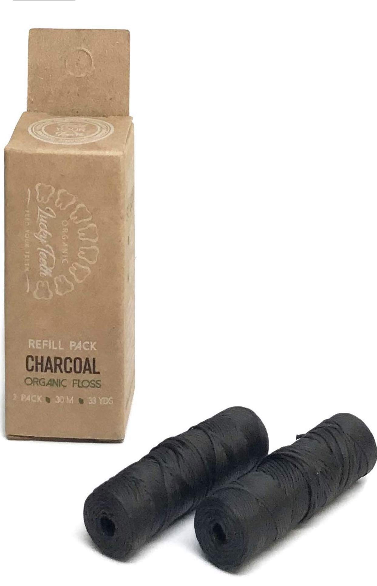 Organic Bamboo Charcoal Dental Floss Refills with Tea Tree & Peppermint Oil - 2 Spools (60m/66yds Total) for Fresh Breath & Healthy Gums - Eco-Friendly Oral Care for Home & Travel by Lucky Teeth