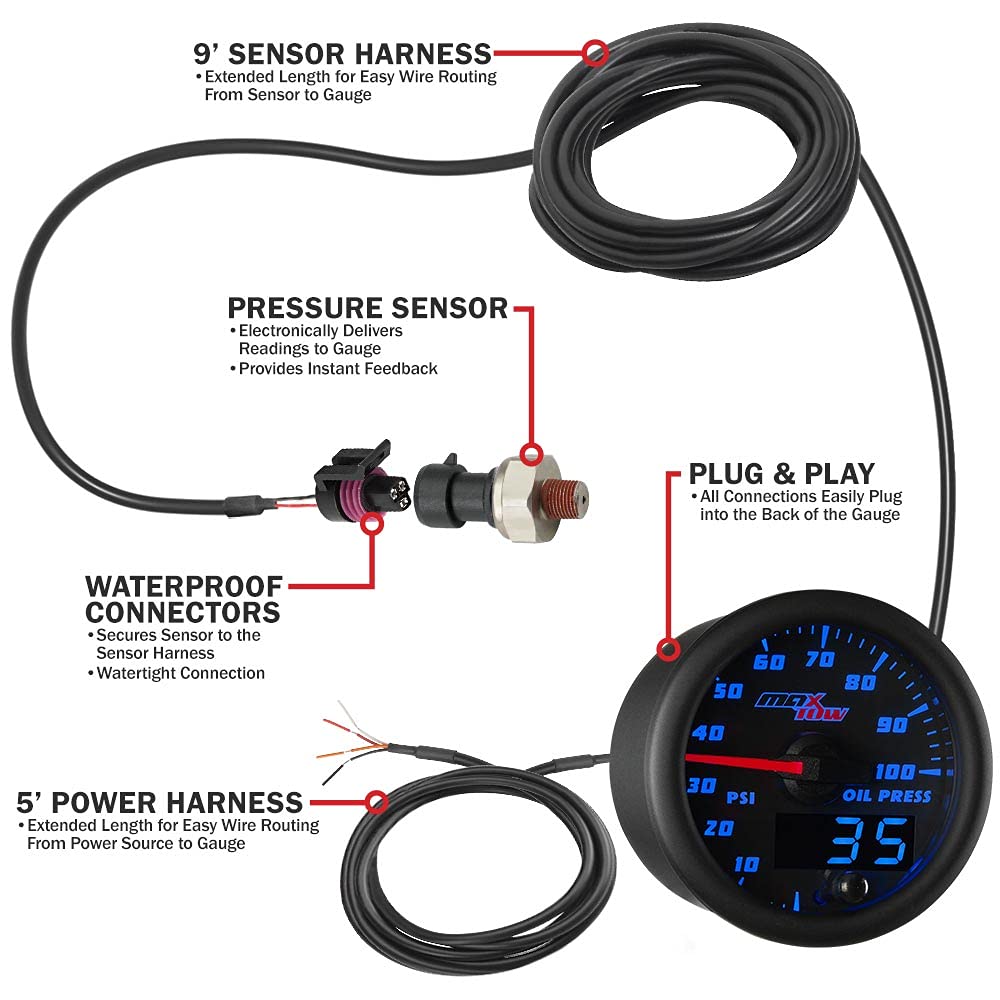 MaxTow Double Vision 100 PSI Oil Pressure Gauge Kit with Electronic Sensor - Black Face & Blue LED Dial - Analog & Digital Readout - 2-1/16