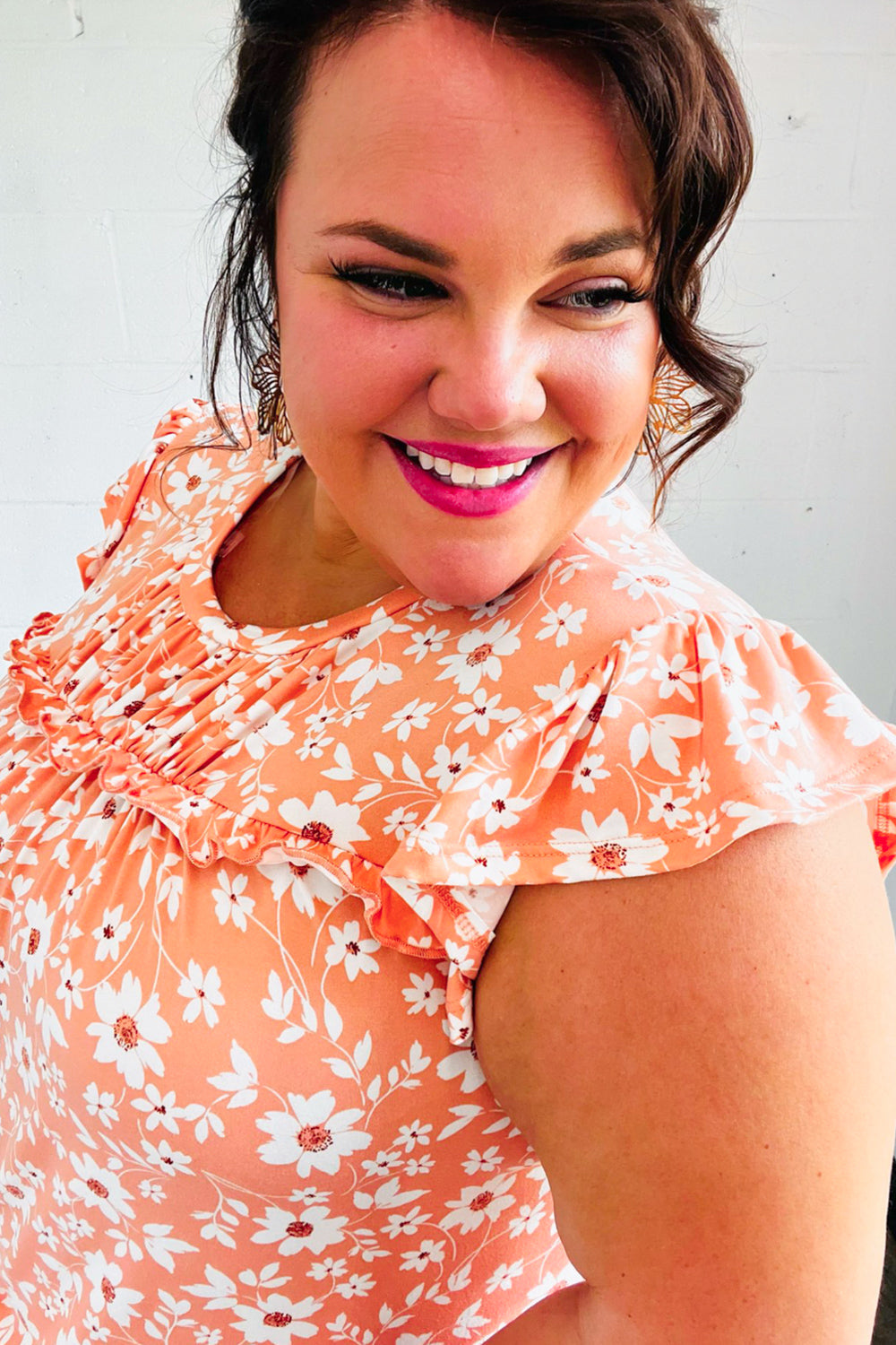 Peach Floral Print Frilled Short Sleeve Yoke Top for Women | Summer Blouse | Casual & Party Wear