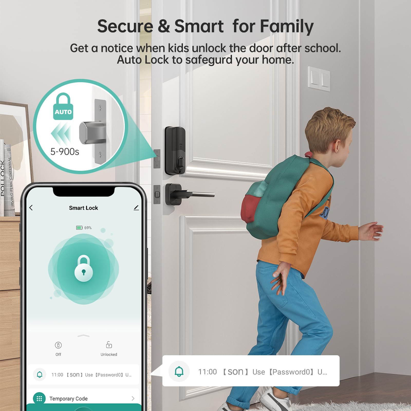 SMONET Smart Keyless Entry Door Lock - Fingerprint, WiFi, Bluetooth, Alexa Compatible Deadbolt with Digital Keypad, Auto Lock & Remote Control App (Black) - Perfect for Home Security & Smart Home Automation