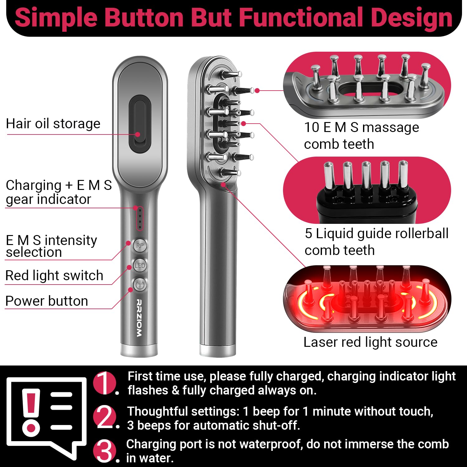 RRZIOM Laser Therapy Hair Growth Comb - Red Light Therapy Comb for Hair Loss Treatment & Regrowth - Alopecia & Scalp Care for Men & Women - At-Home Hair Restoration Solution for Thicker, Healthier Hair