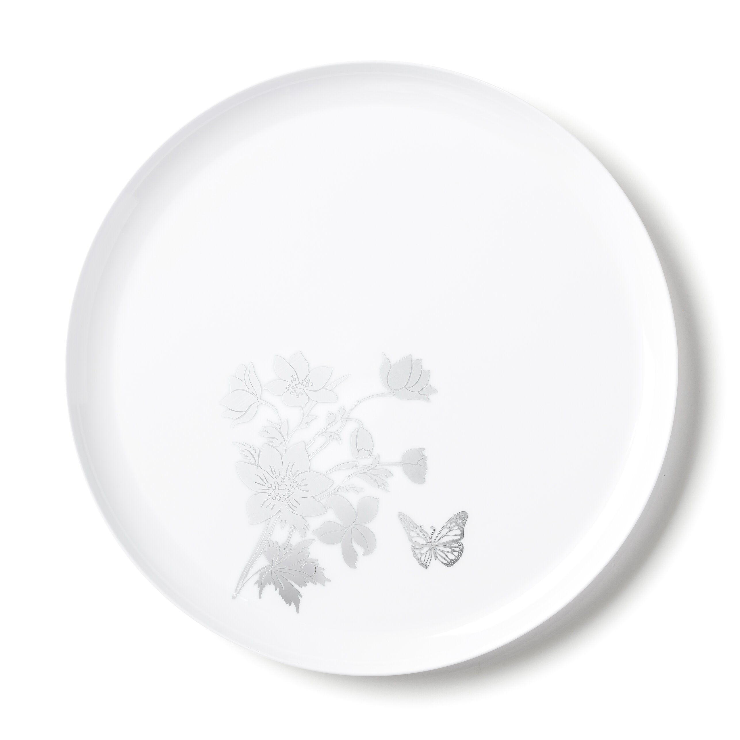 White and Silver Round Plastic Plates - Durable Disposable Dinnerware for Parties, Picnics & Outdoor Dining - Perfect for Garden Edge Decorations & Backyard BBQs