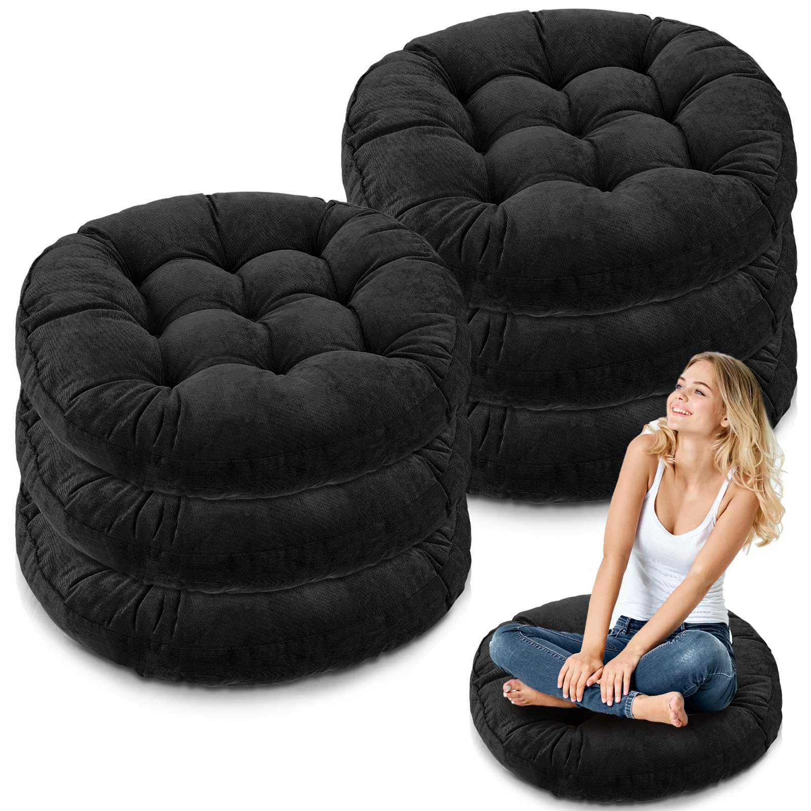 Jerify 22x22 Inch Round Floor Pillows - Large Meditation Cushions for Adults & Kids, Soft Floor Seating Pillows for Yoga, Reading, or Relaxation, Perfect Christmas Gift (Black, 6-Pack) - Ideal for Living Rooms, Bedrooms, and Meditation Spaces