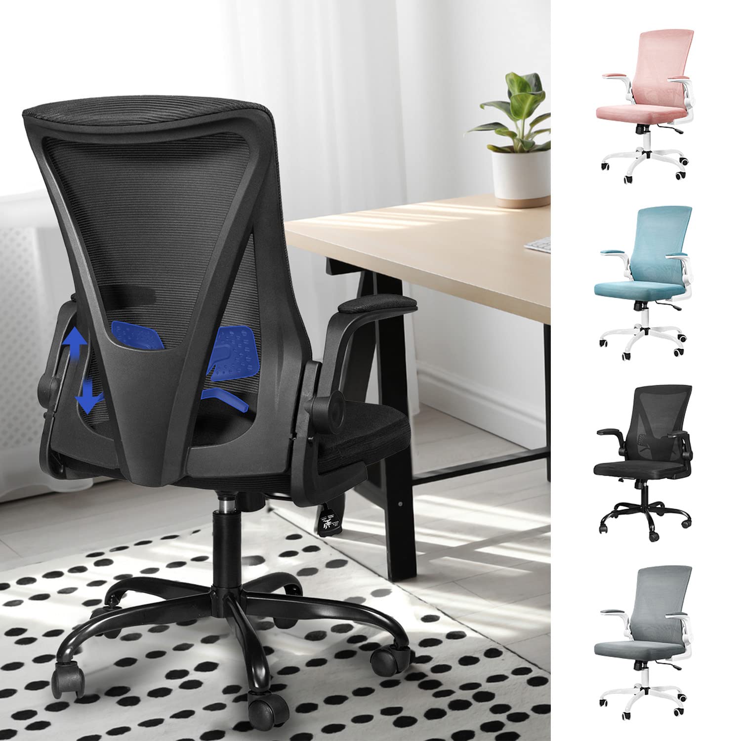 MUZII Ergonomic Mesh Office Chair with Flip-Up Arms & Adjustable Lumbar Support - Black Swivel Task Chair for Computer Desk | Perfect for Home Office, Gaming & Workspace Comfort
