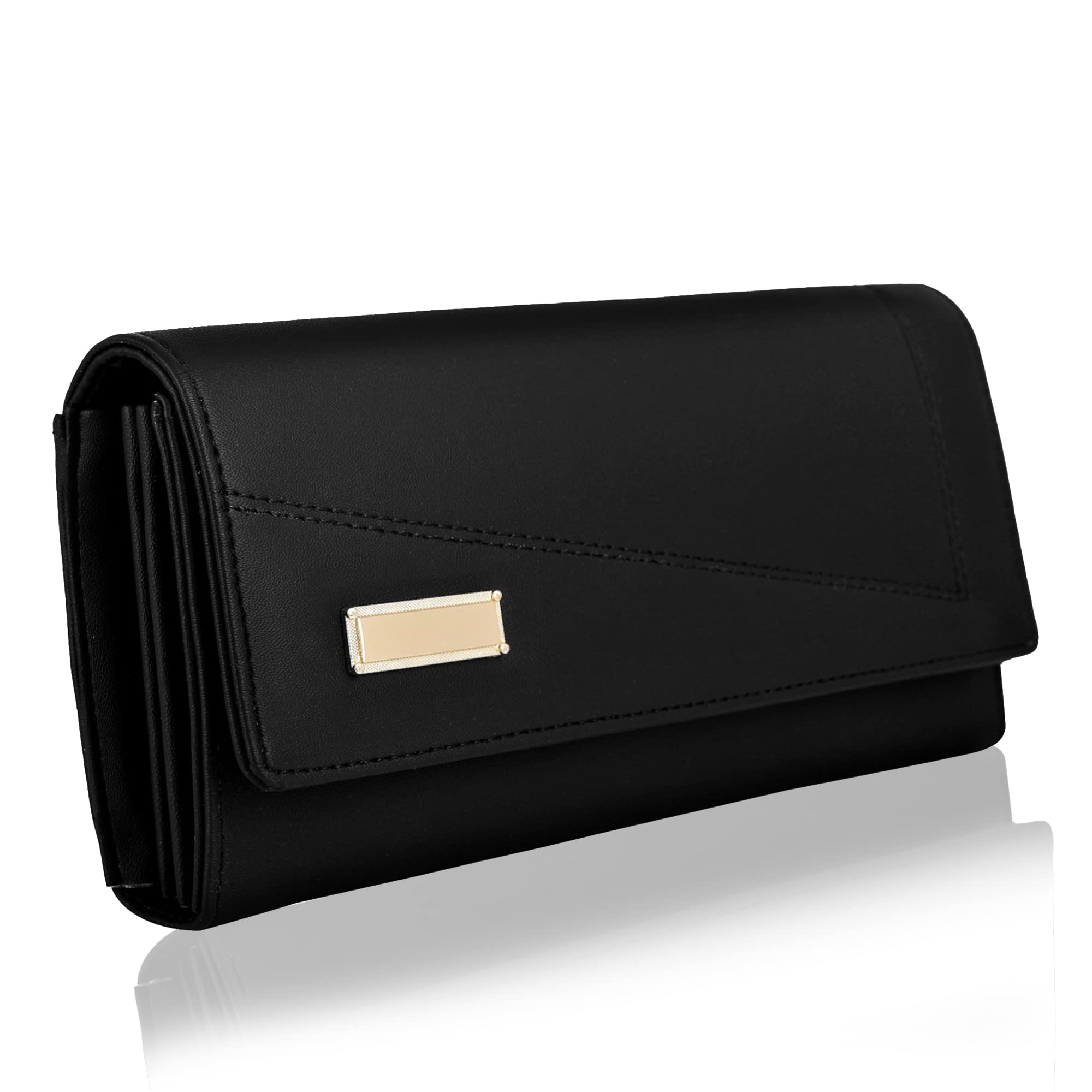 ALSU Women's Black Leather Wallet & Hand Clutch Purse with 4 Card Slots - RFID Blocking, Slim Design for Everyday Use, Parties & Travel | Model ARF-003BK