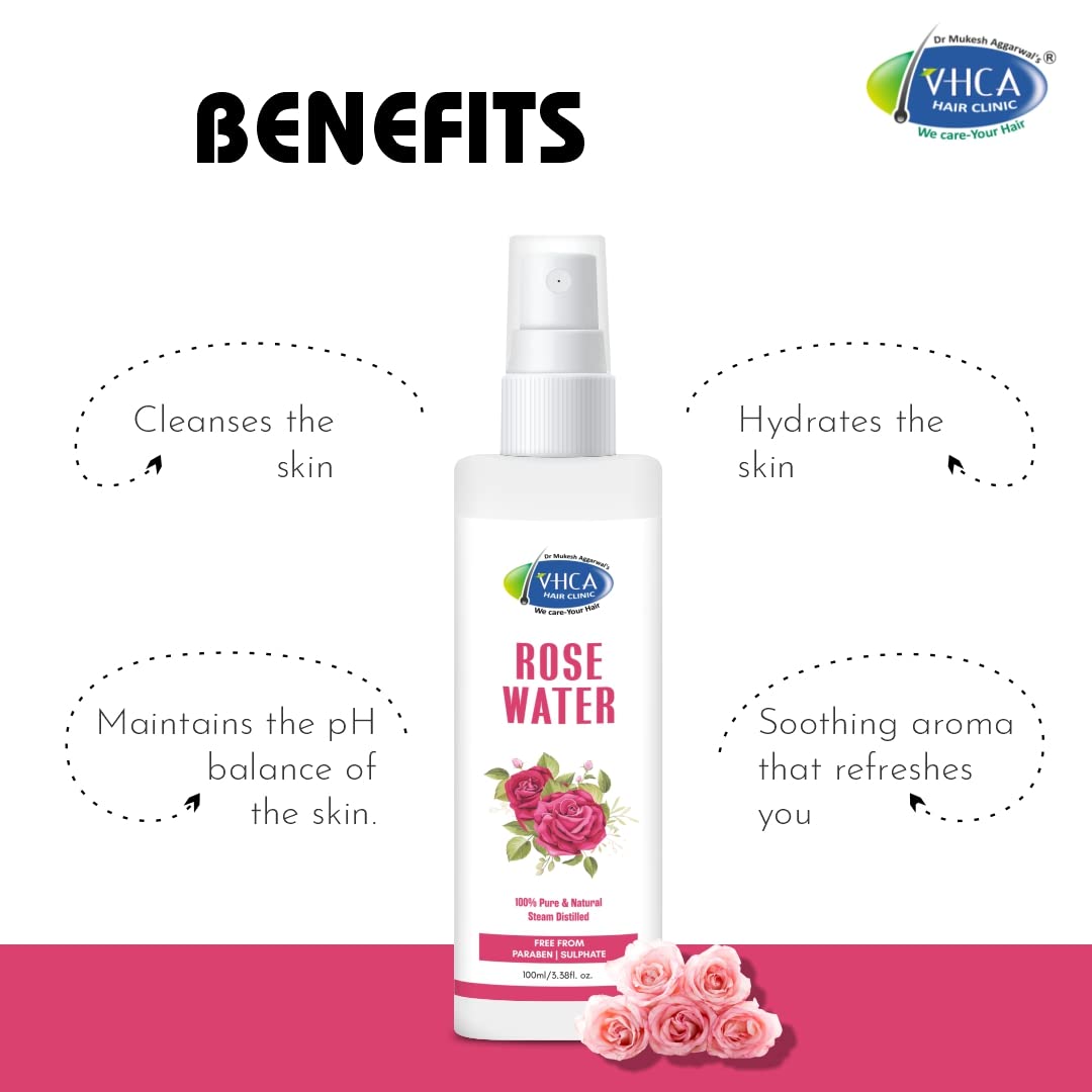 VHCA Pure Distilled Rose Water Facial Spray - Hydrating & Refreshing Toner for Oily, Dry & Normal Skin | Alcohol-Free Skin Care for Men & Women | 3-Pack (100ml Each) | Perfect for Daily Skincare, Makeup Setting & Summer Cooling