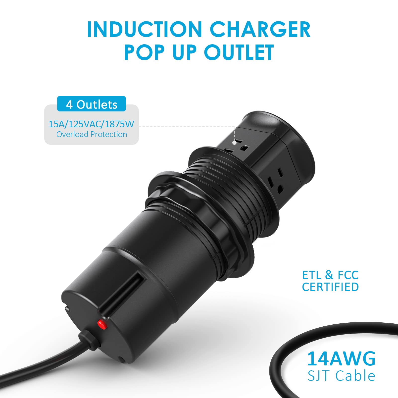 **15W Wireless Charger Pop-Up Outlet with 4 Outlets & Splash-Resistant Design – Space-Saving Power Grommet for Kitchen Countertops, Office Desks & Conference Tables (Black) – Perfect for Home, Office & Commercial Use**