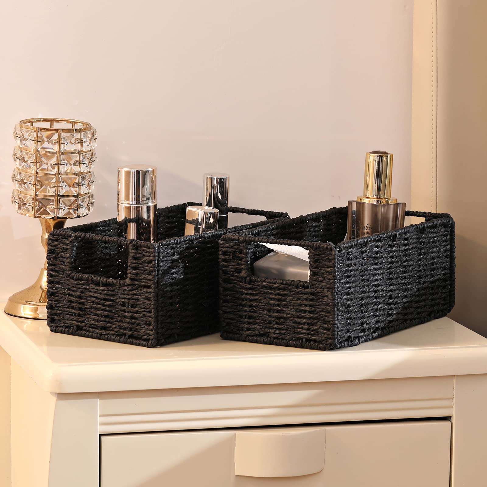 Vagusicc 2-Pack Woven Paper Rope Storage Baskets - Foldable Cube Organizer Bins for Shelves, Bathroom, Bedroom & Living Room - Perfect for Toilet Paper, Towels, Toys & Home Decor (Black)