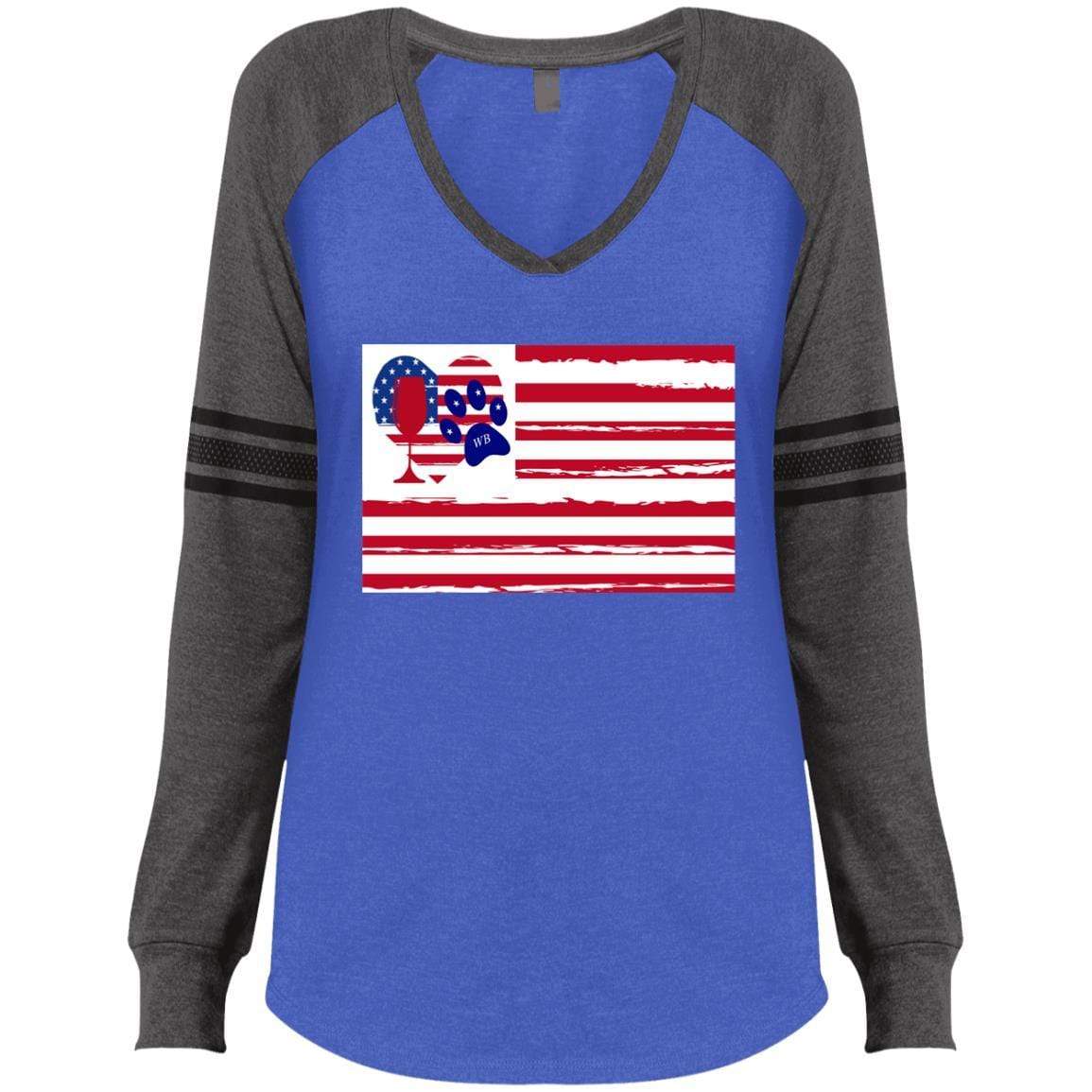 American Flag Wine Paw Heart V-Neck Long Sleeve T-Shirt for Women - Casual & Game Day Outfit - Perfect for Parties, Sports Events, and Patriotic Celebrations