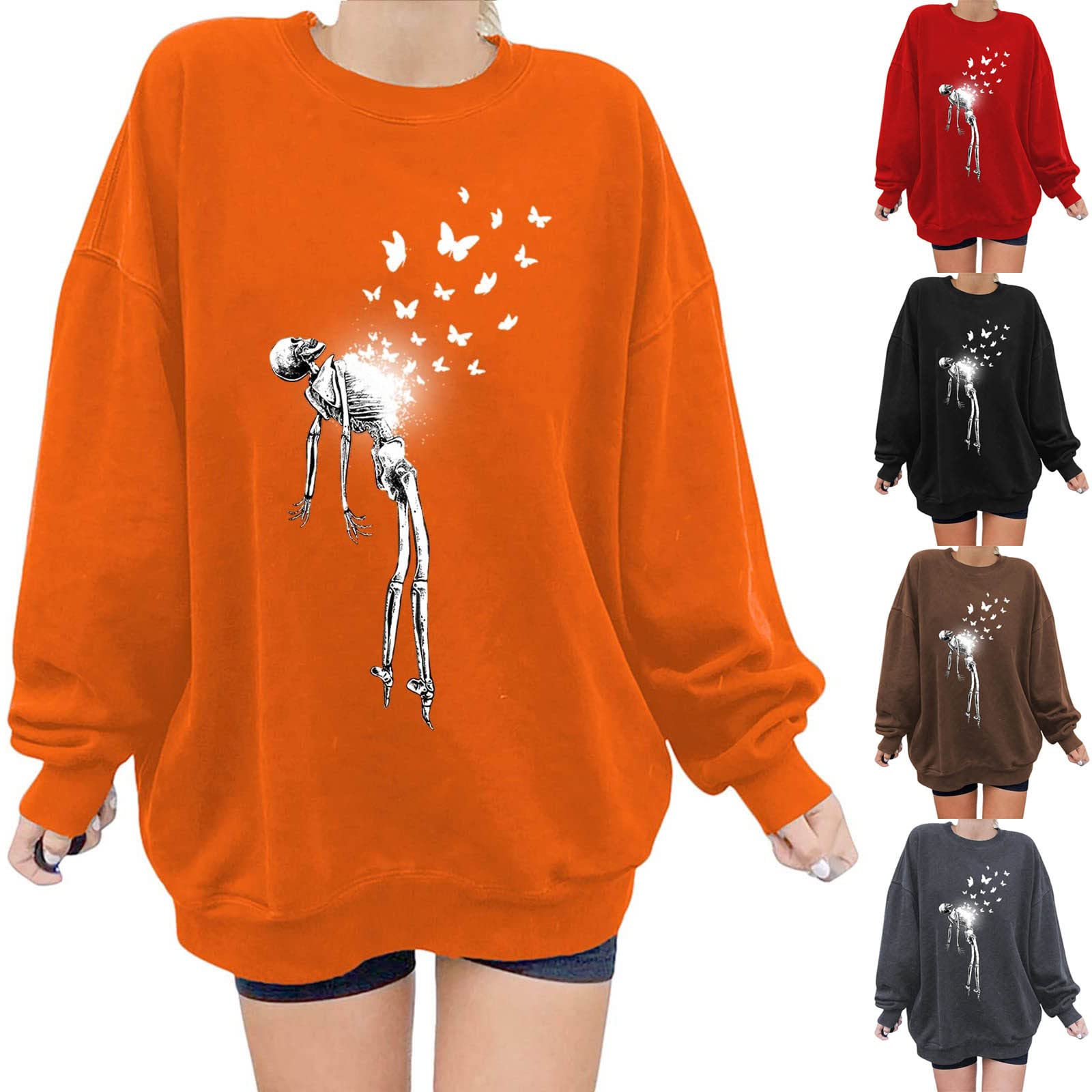 Women's Halloween Skeleton Butterflies Print Long Sleeve Sweatshirt - Oversized Crewneck Pullover Top for Casual Wear, Loose Blouse for Fall & Halloween Parties