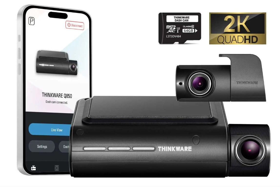 THINKWARE™ Q850 2K Front & Rear Dash Cam - 2 Channel Car Camera with 64GB Memory Card - Perfect for Road Trips, Uber/Lyft Drivers & Vehicle Security