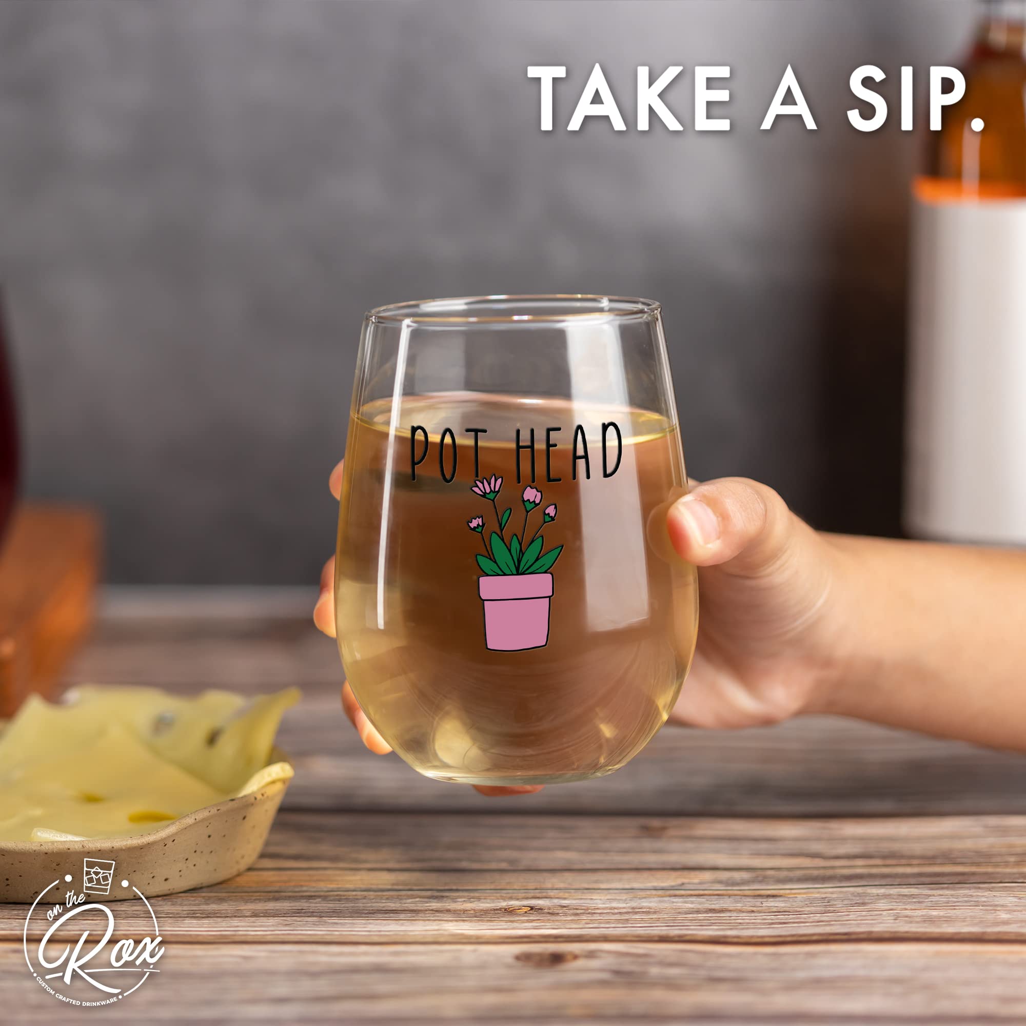 On The Rox Funny Wine Glass Gift - 17 Oz Stemless Wine Glass (Pot Head Design) | Perfect for Stoner Gifts, 420 Parties & Cannabis Enthusiasts | Unique Novelty Drinking Cup for Adults