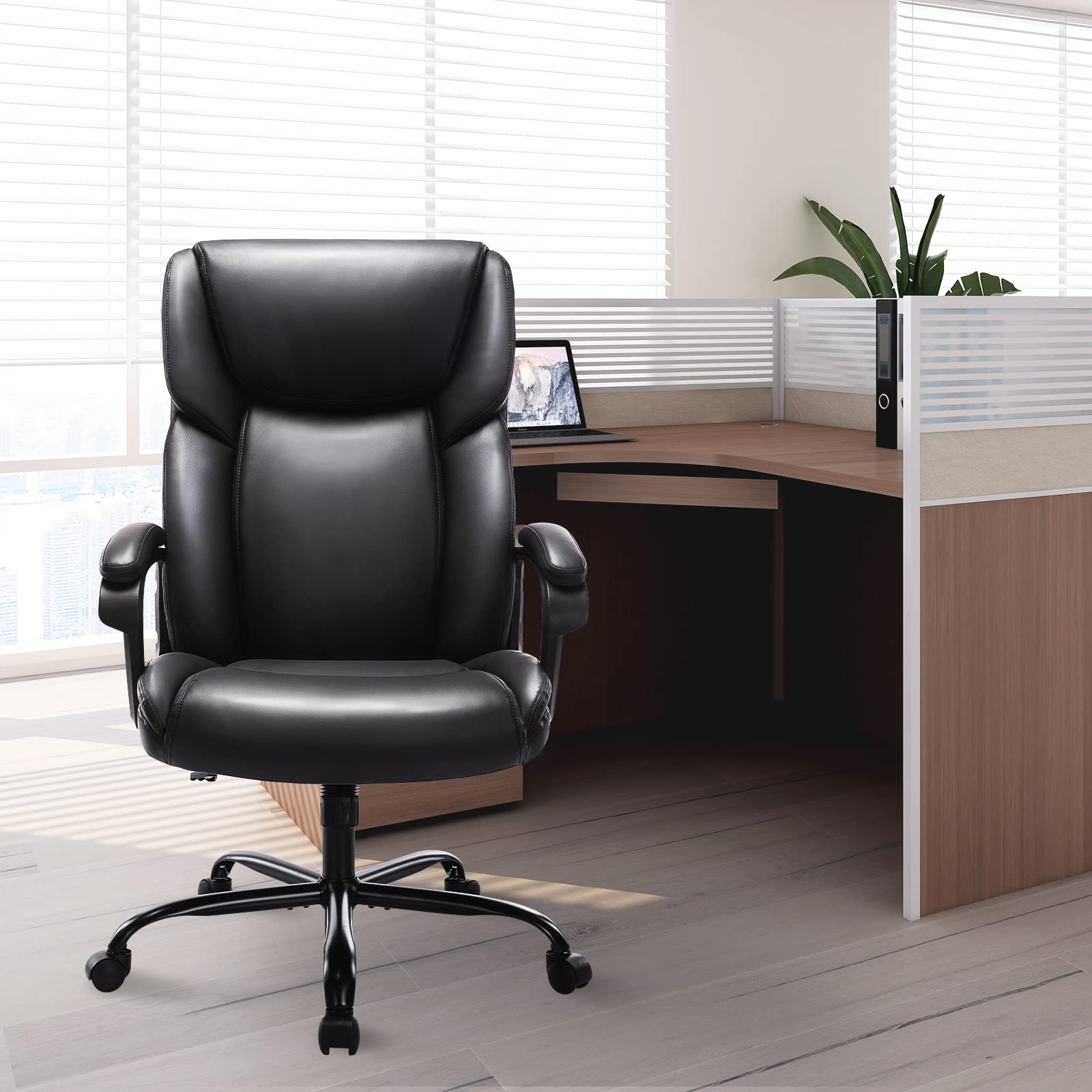 Premium High Back Executive Office Chair - Adjustable Ergonomic Managerial Swivel Task Chair with Lumbar Support, PU Leather, Rolling Casters - Perfect for Home Office, Computer Work & Conference Rooms (Black)