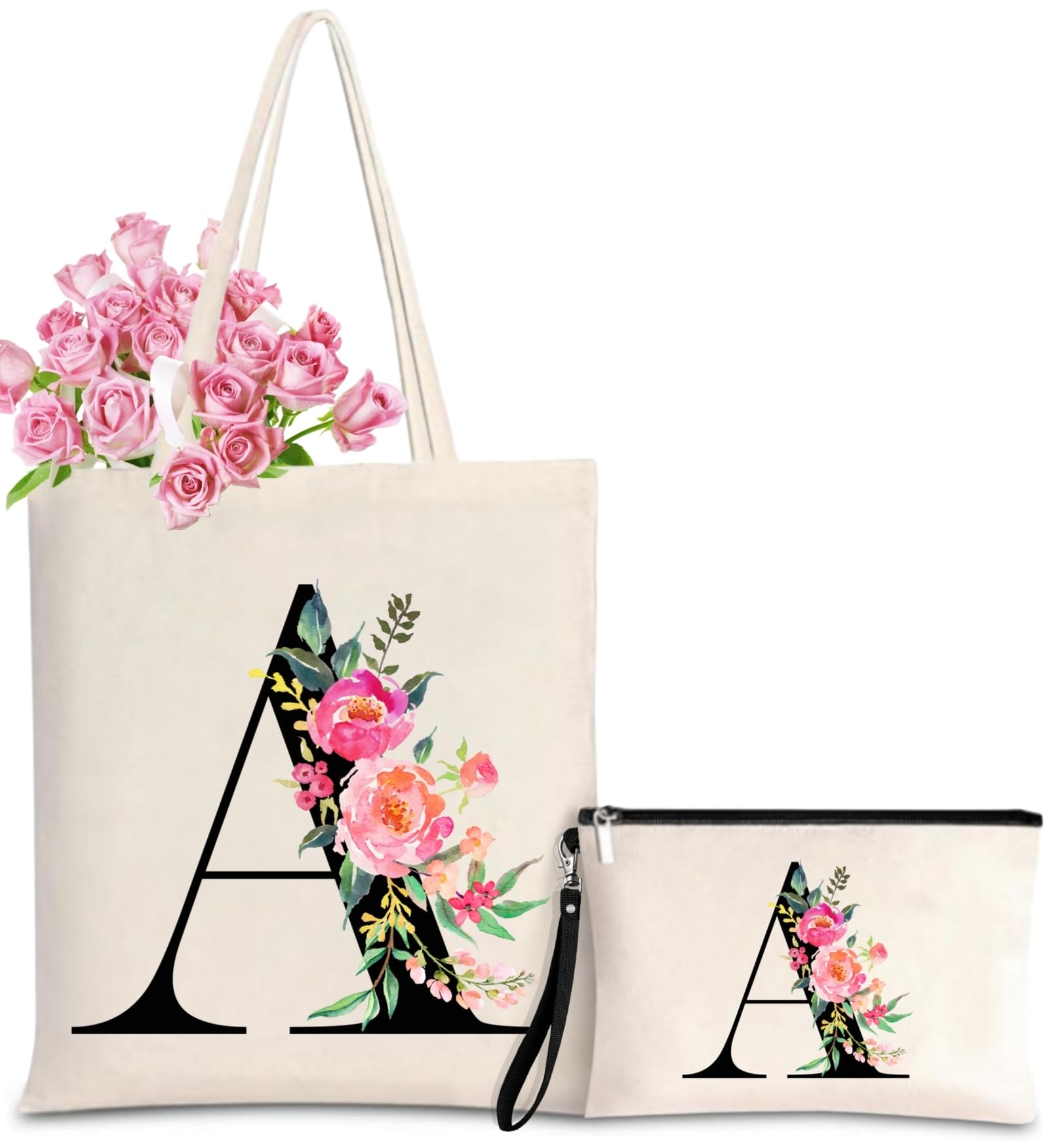 Personalized Monogrammed Canvas Tote Bag for Women - Custom Initial Makeup Gift Bag for Wedding, Bridesmaids & Birthday | Perfect for Beach, Shopping & Everyday Use