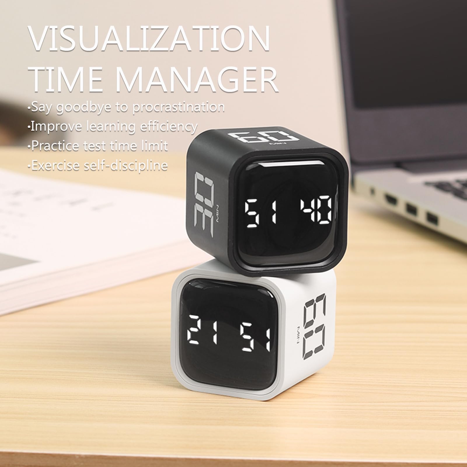 Rechargeable Digital Cube Pomodoro Timer - 5/10/30/60min & Custom Countdown with Vibration & Adjustable Alarm - Productivity Tool for Office Work, Kitchen Cooking, ADHD Kids Study & Focus (White)