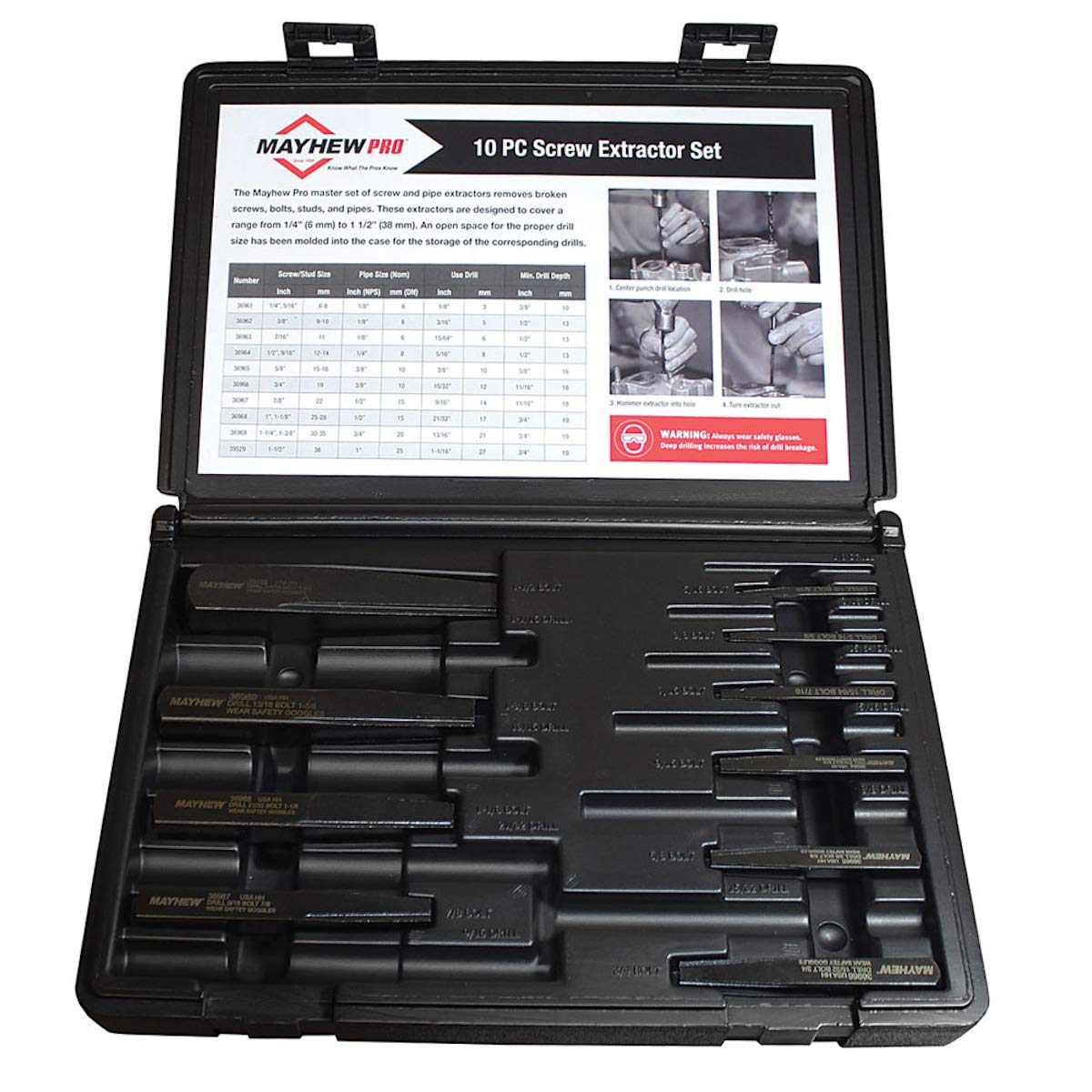 Mayhew Tools MAY-37345 10-Piece Screw Extractor Set - Professional Broken Screw Remover Kit for DIY, Automotive & Home Repairs - Extract Stripped, Rusted or Damaged Screws Easily