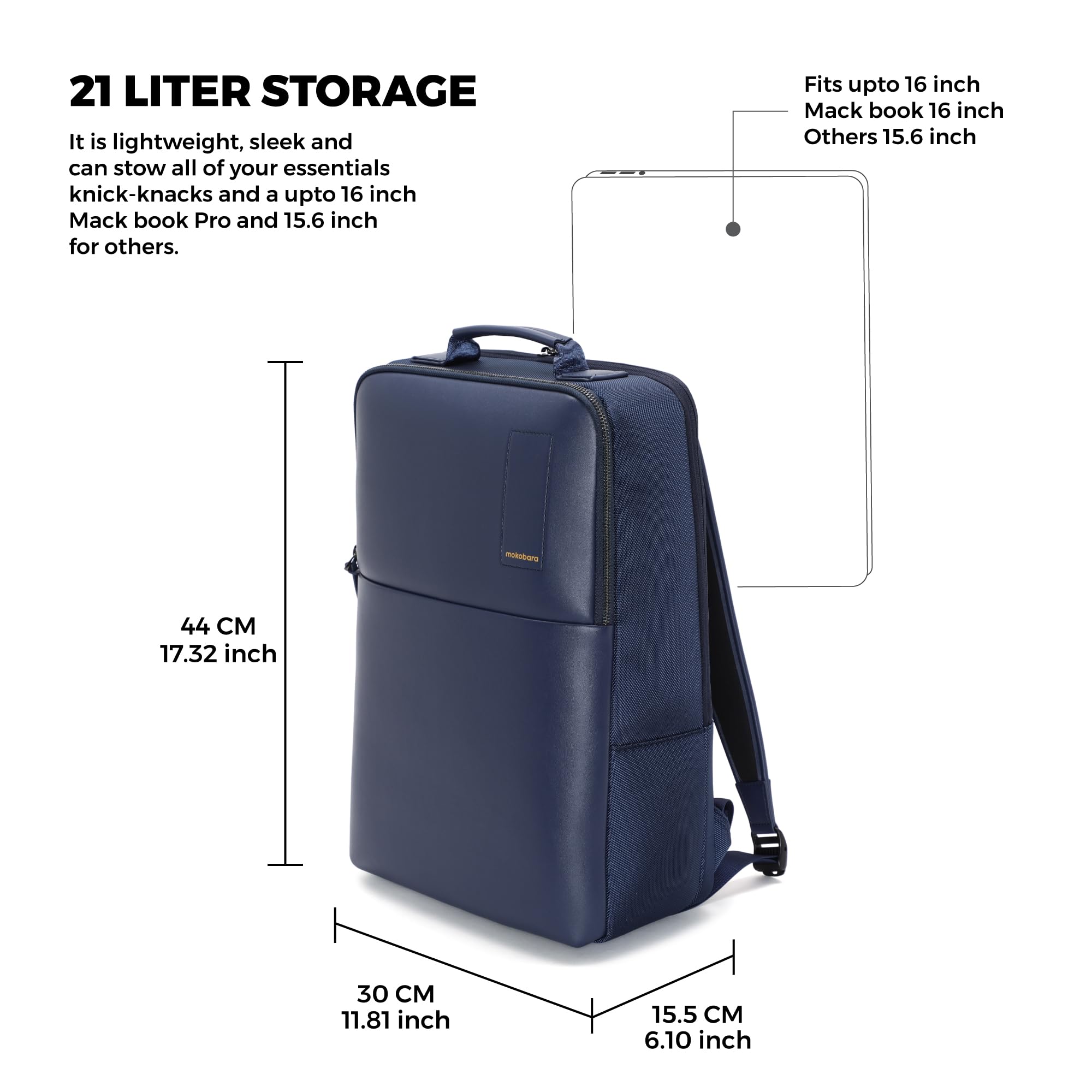 MOKOBARA Unisex Backpack Pro - 21L Vegan Leather Water Resistant Laptop Bag for 15.6 Inch Laptops | Work, Travel & College Backpack with Spacious Compartment | 2022 Model (One Size Medium, Deep Blue)