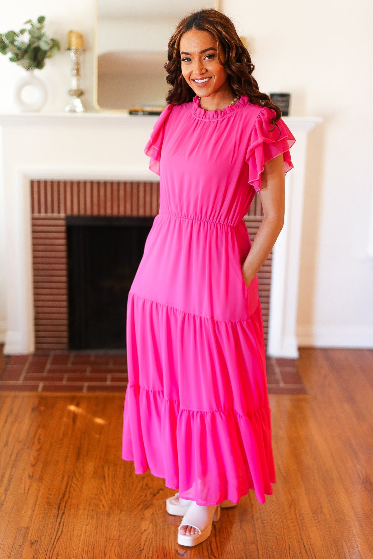 Haptics Perfectly You Hot Pink Mock Neck Tiered Chiffon Maxi Dress for Women - Elegant Formal & Party Wear, Wedding Guest Outfit, Evening Gown