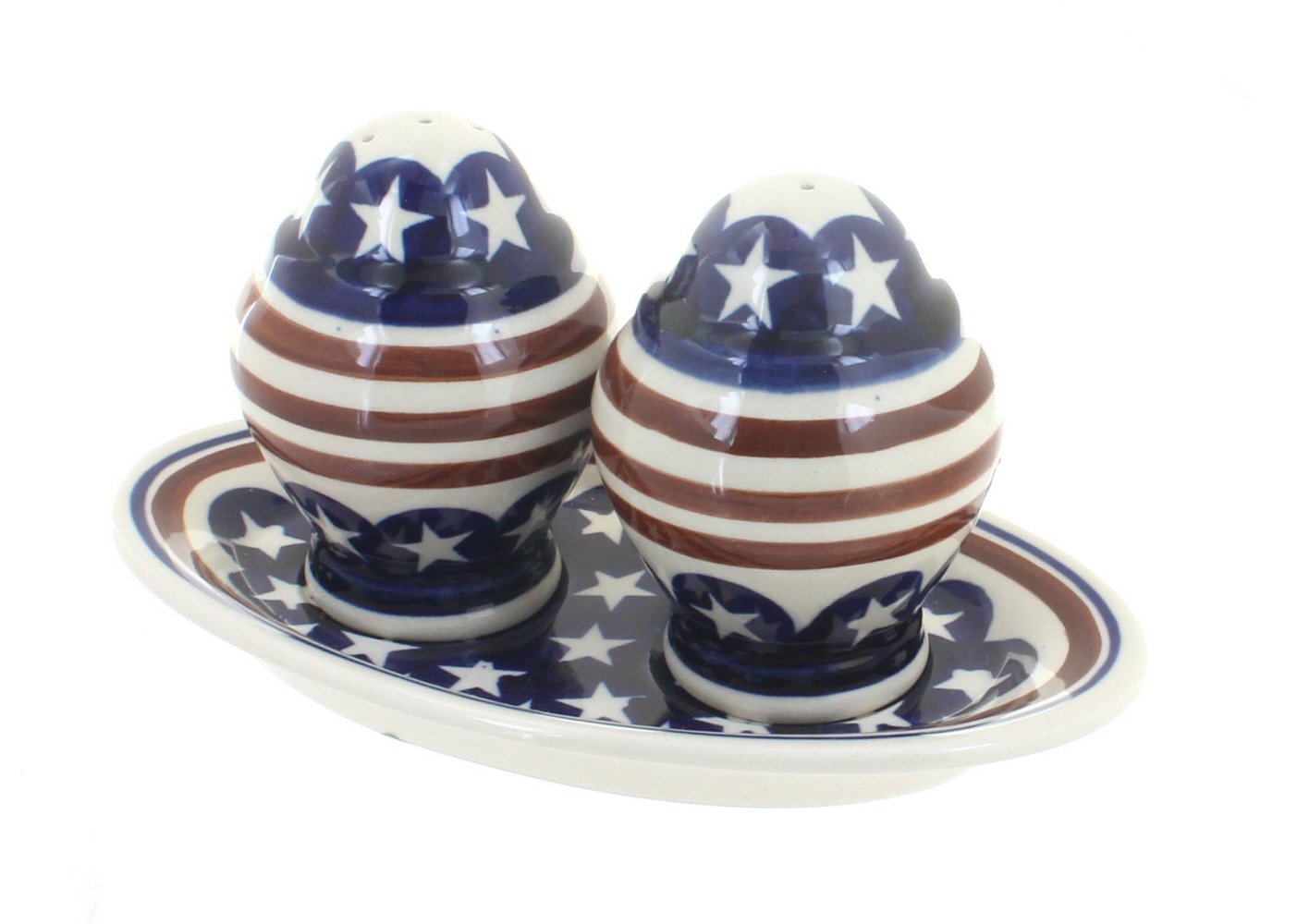 Blue Rose Polish Pottery Stars & Stripes Salt and Pepper Shakers Set with Matching Dish - Vintage Patriotic Kitchen Decor for 4th of July & Memorial Day