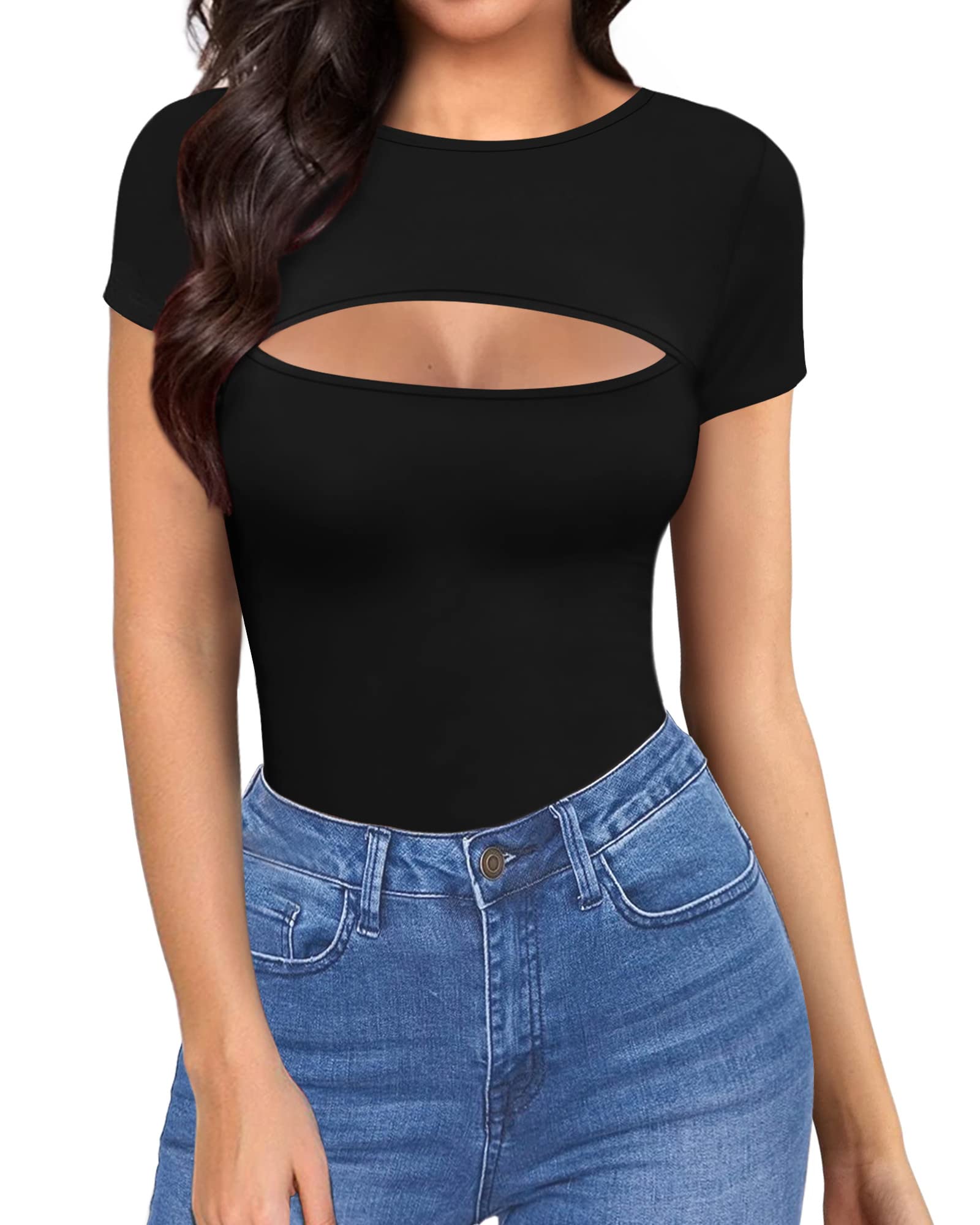 ALGALAROUND Women's Cutout Front Tops - Long Sleeve & Short Sleeve Fitted T-Shirts for Casual Wear, Night Out & Date Night | Trendy Women's Fashion Tops