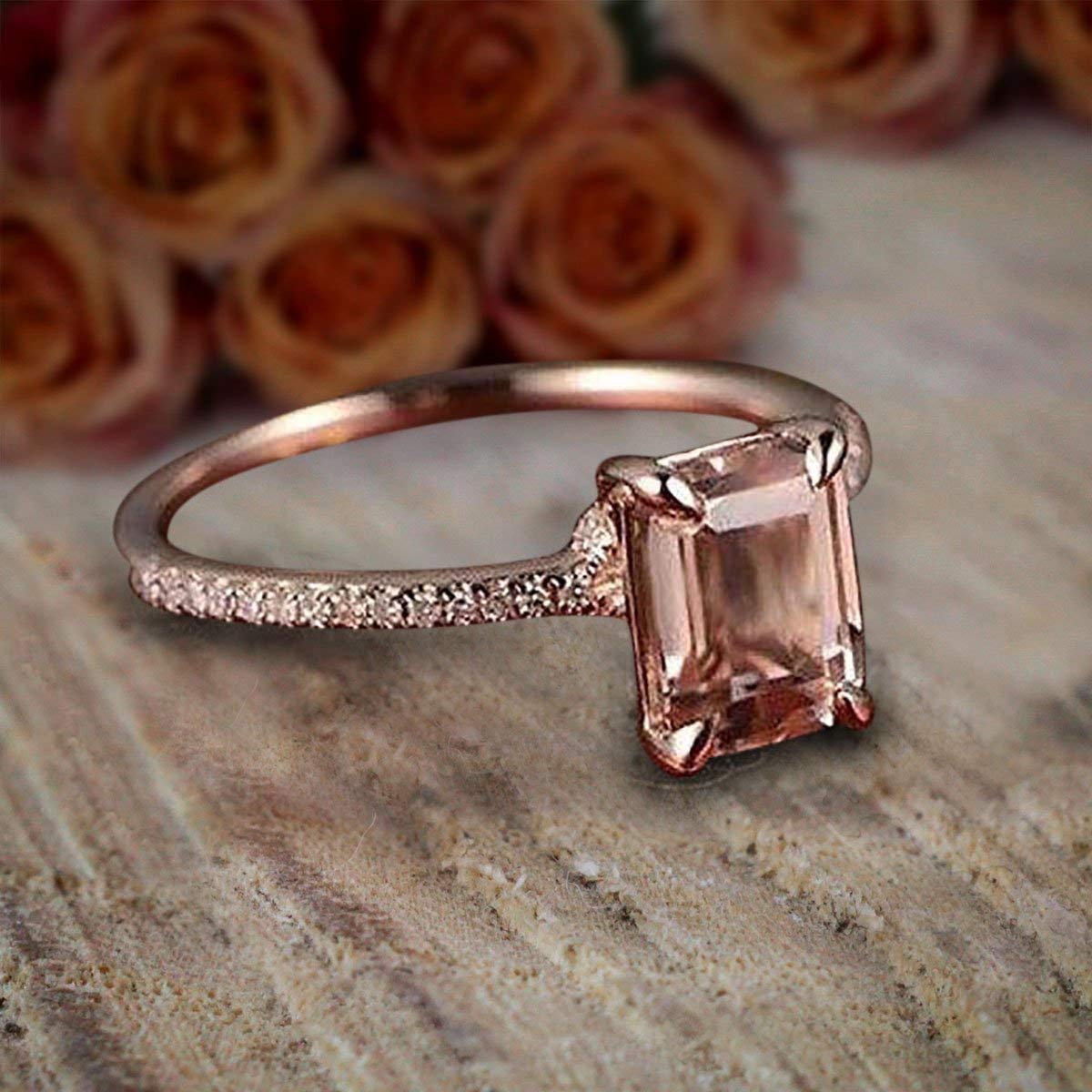 1.25 Carat Emerald Cut Morganite & Diamond Engagement Ring in 18k Gold Plating – Elegant Bridal Jewelry for Proposals, Weddings & Anniversaries