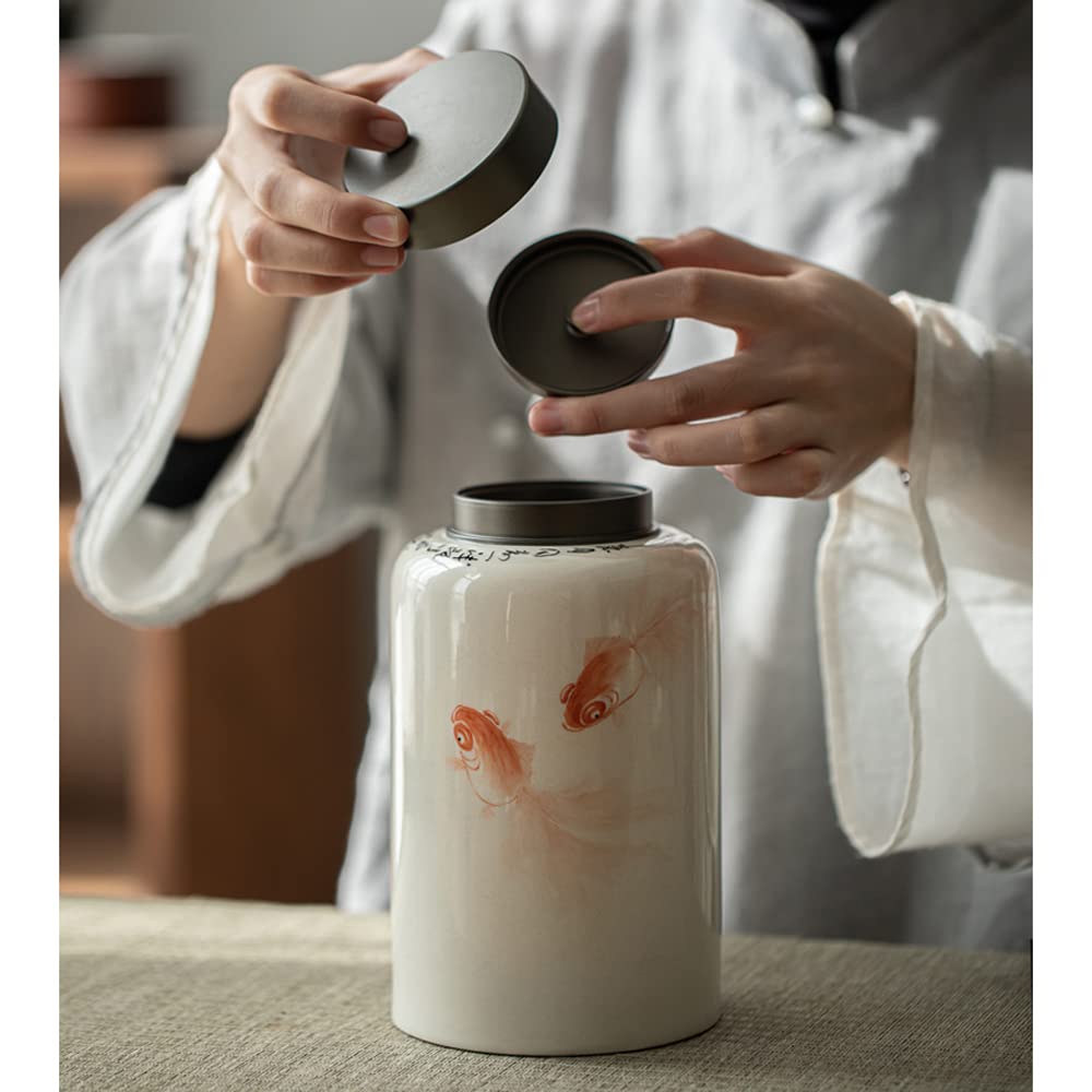 Hand-Painted Carp Ceramic Tea Pot & Storage Jar - Airtight Food Container for Tea, Coffee, Vanilla, Sugar, Spice, Nuts | Perfect for Kitchen, Pantry & Gift Giving