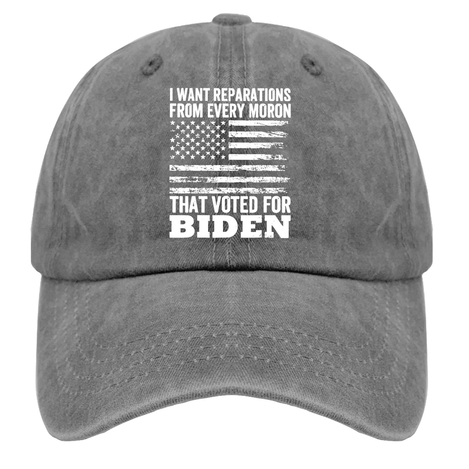 RONO Men's Baseball Cap - Funny Political Hat with 'I Want Reparations from Every Moron That Voted for Biden' Print - Adjustable Cotton Dad Hat for Casual Wear, Outdoor Activities & Political Satire