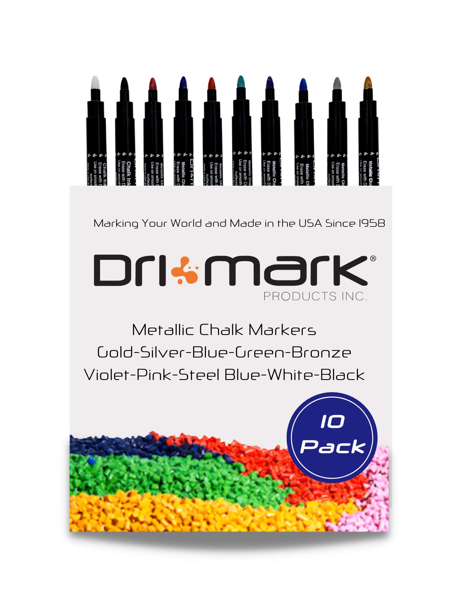 Dri Mark Liquid Metallic Chalk Markers Set - 10 Pack (Includes 2 Free White & Black Markers) | Non-Toxic, Odorless, No Shaking Needed | USA Made Wet Erase Markers for Glass, Whiteboards, Mirrors & Non-Porous Surfaces | Perfect for Restaurants, Retail Signs, Classroom & Office Use