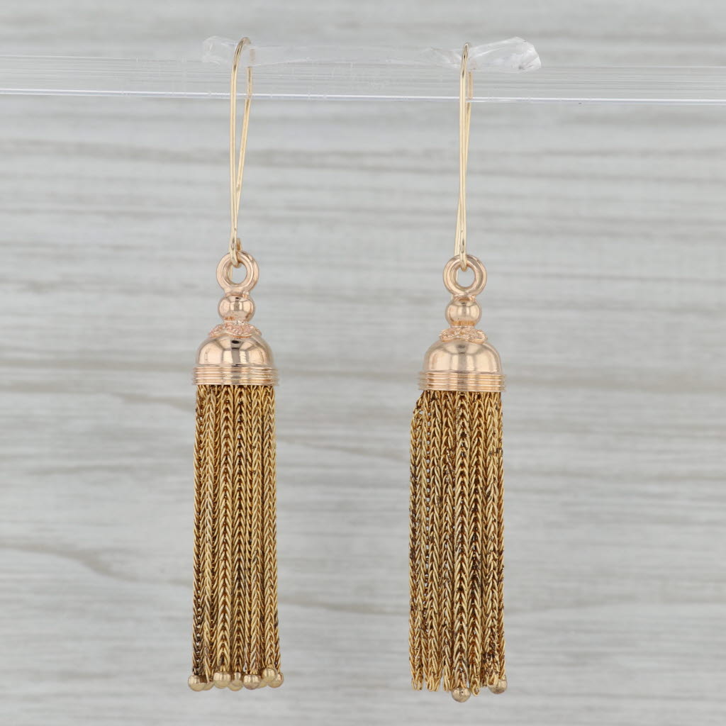 Antique 14K Yellow Gold Fringe Tassel Dangle Earrings with New Hook Posts - Elegant Vintage Jewelry for Parties, Weddings & Special Occasions