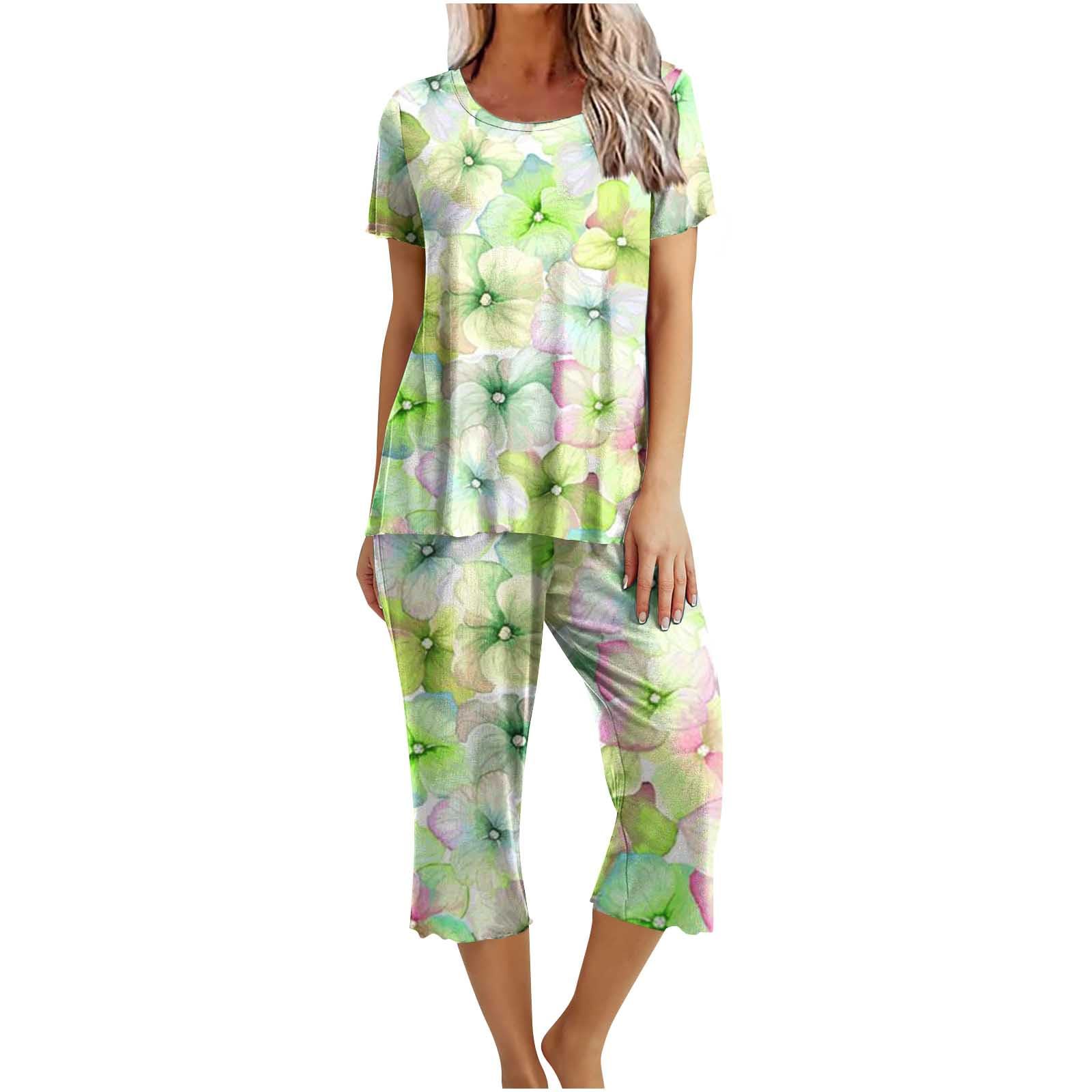 Women's Summer Loungewear Set - Floral Printed Short Sleeve Top & Soft Capri Pants | Comfortable Casual Outfit for Home, Vacation & Relaxation