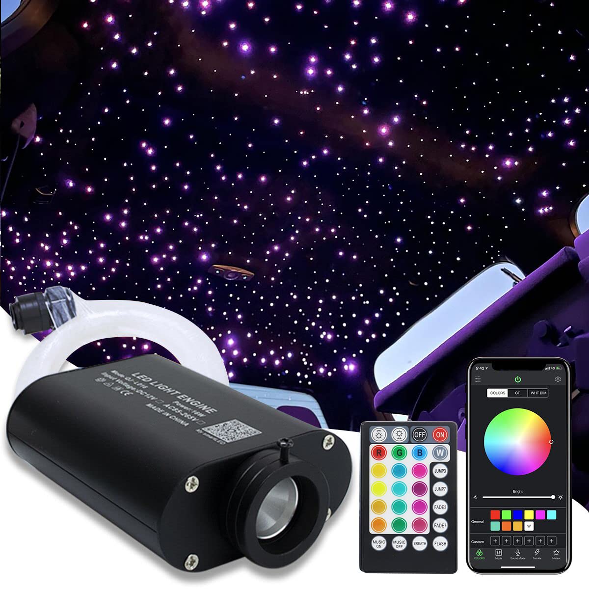 AMKI 16W Fiber Optic LED Star Ceiling Lights Kit - APP & Remote Control, Sound Activated Mode for Car & Home Decoration (550pcs 0.75mm/0.03in Fiber Strands, 13.1ft/4m) - Perfect for Bedroom, Theater, Party & Romantic Ambiance Lighting