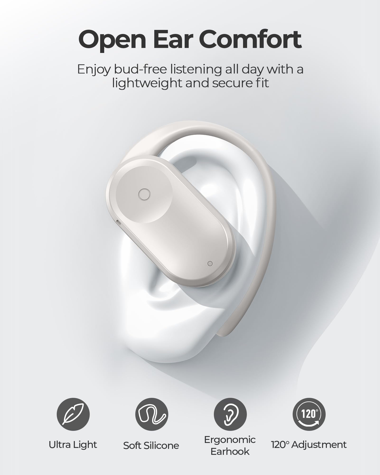 Open Ear Bluetooth Headphones 5.3 - Wireless Sports Earbuds with Adjustable Earhooks, 120° Rotation, 36H Playtime & Fast Charging (1.5H) - Sweatproof Workout Earphones for Running, Cycling & Gym (White)