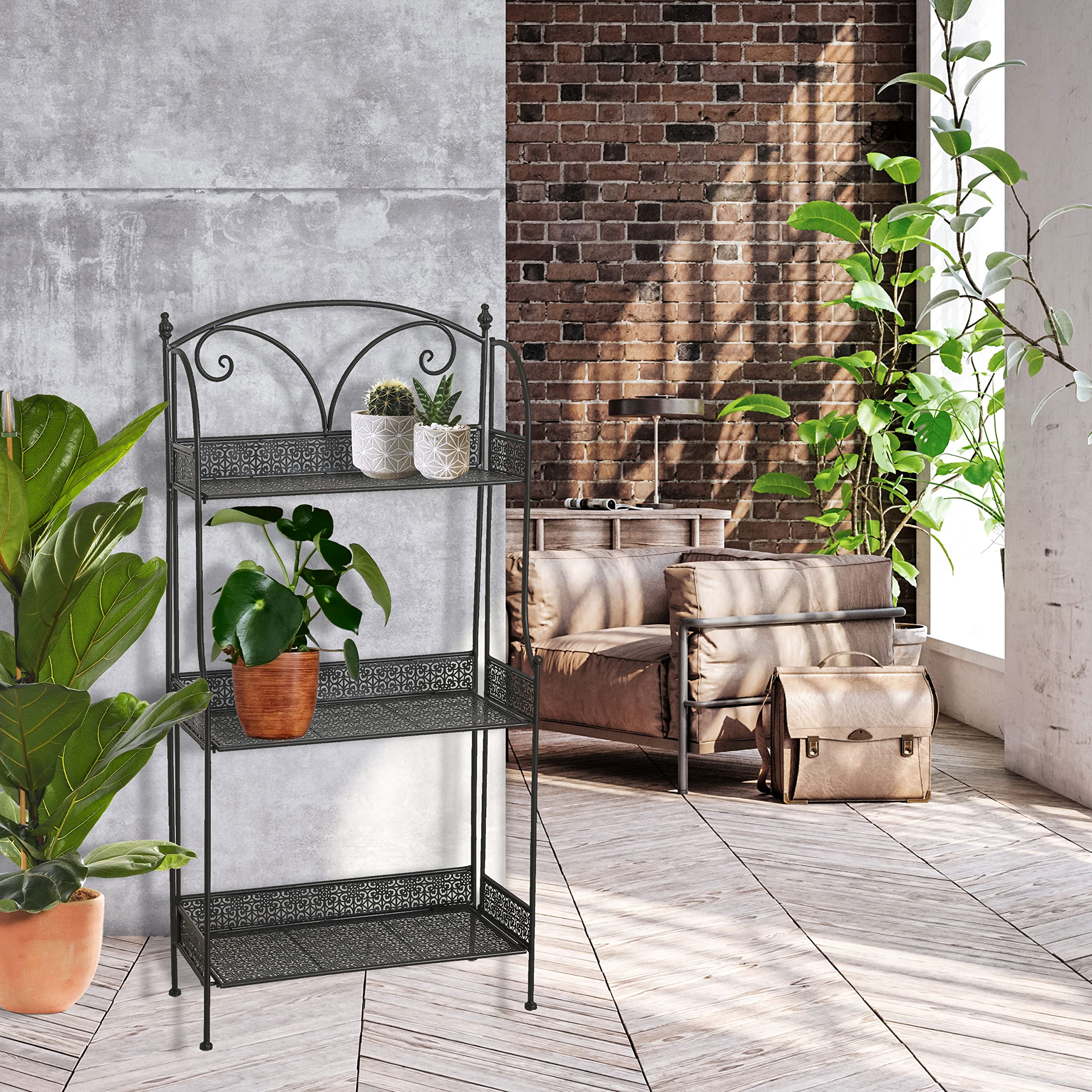 WHW 3-Tier Plant Stand - Black Powder Coated Iron Shelf with Floral Design for Indoor/Outdoor Plants - 23.5