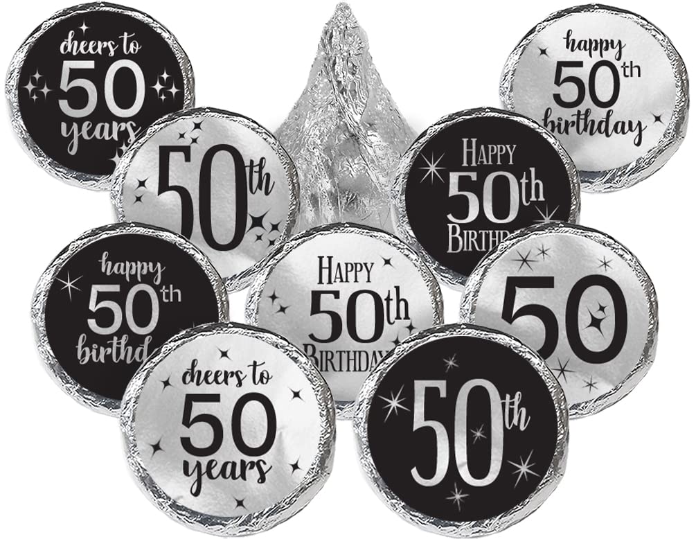 50th Birthday Party Favors - Black & Silver Foil Chocolate Kisses Candy Stickers (180 Labels) - Elegant Anniversary Celebration Decorations - Perfect for Milestone Birthday Parties, Retirement Celebrations & Golden Anniversary Events
