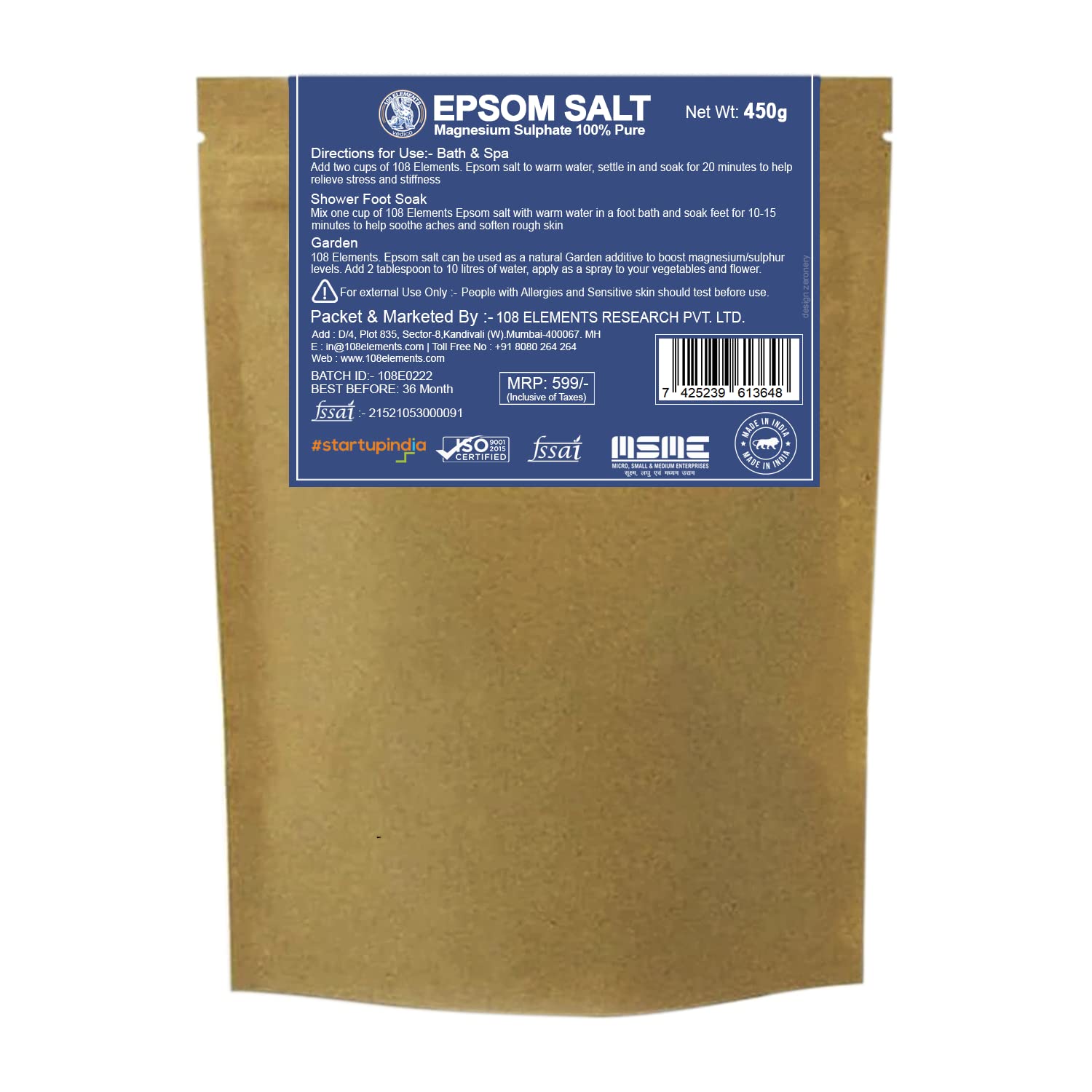 108 ELEMENTS Pure Epsom Salt (450g) - Multipurpose Magnesium Sulfate for Muscle Relaxation, Pain Relief & Plant Care | Perfect for Soothing Baths, Gardening & Home Spa Treatments