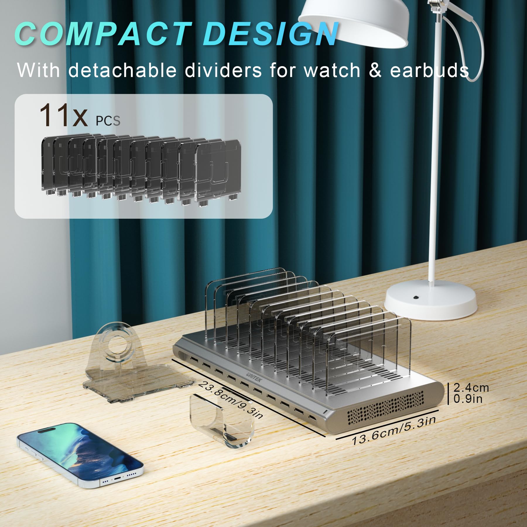 Unitek 10-Port USB Charging Station for iPad, iPhone, Android | Fast Multi-Device Charger Dock | Cell Phone Organizer for Home, Office & Travel | Silver