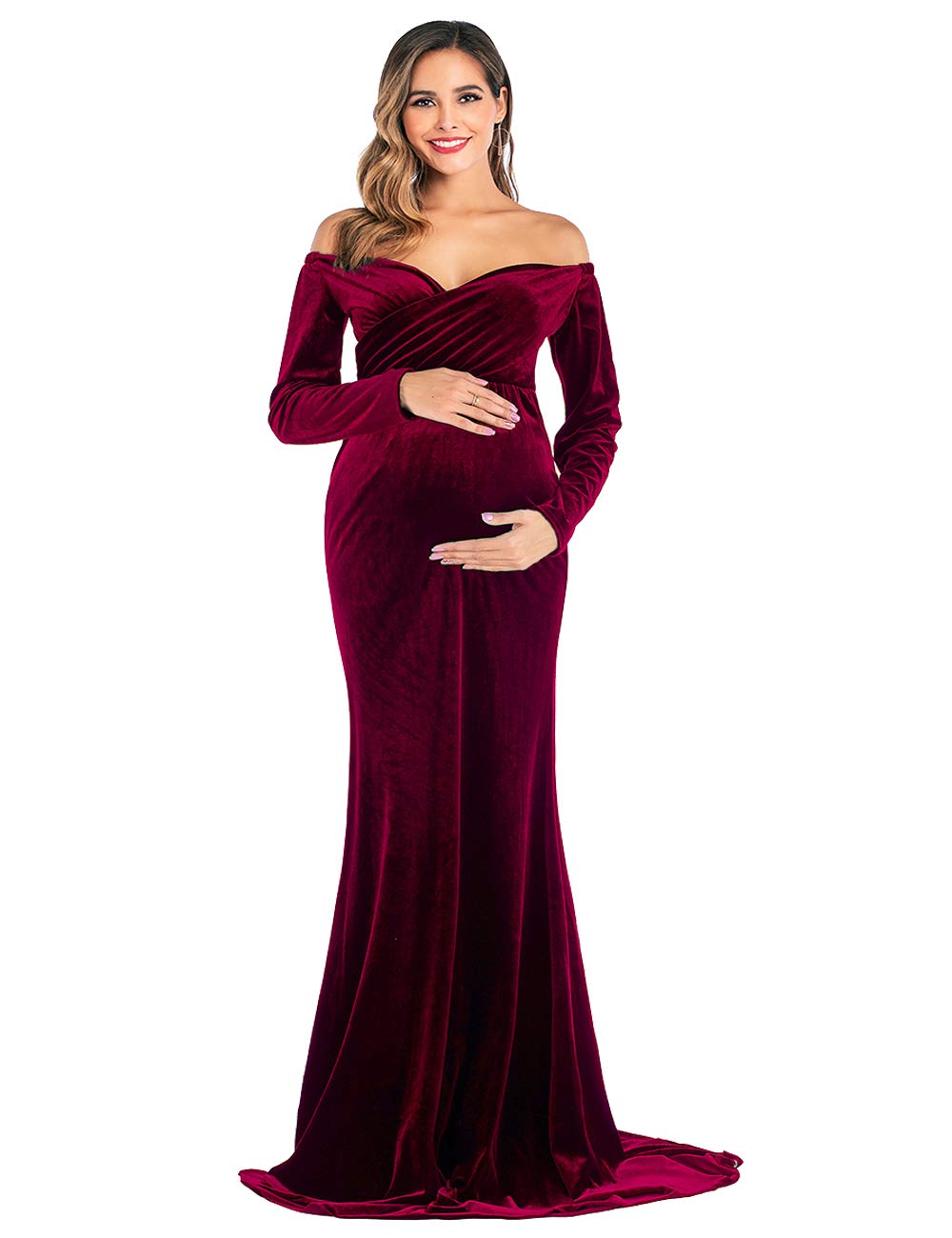Elegant Velvet Maternity Dress - Off Shoulder Long Sleeve Fitted Gown for Pregnancy Photoshoot, Baby Shower & Special Occasions | Stretchy Maxi Photo Prop Dress for Women