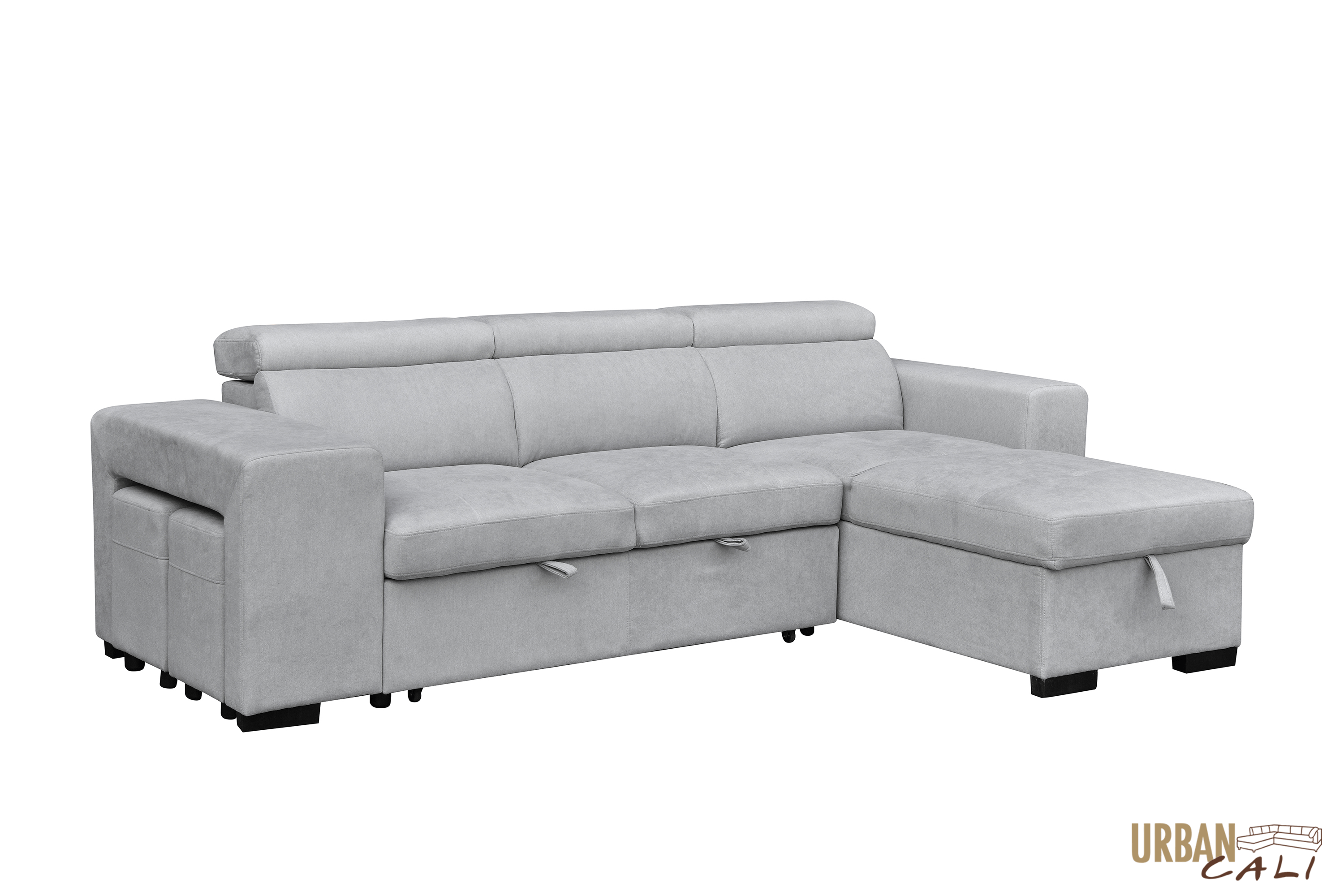Sonoma Sleeper Sectional Sofa Bed with Reversible Storage Chaise & 2 Stools - Grey Canvas Fabric | Perfect for Small Spaces, Guest Rooms & Multi-Functional Living Areas