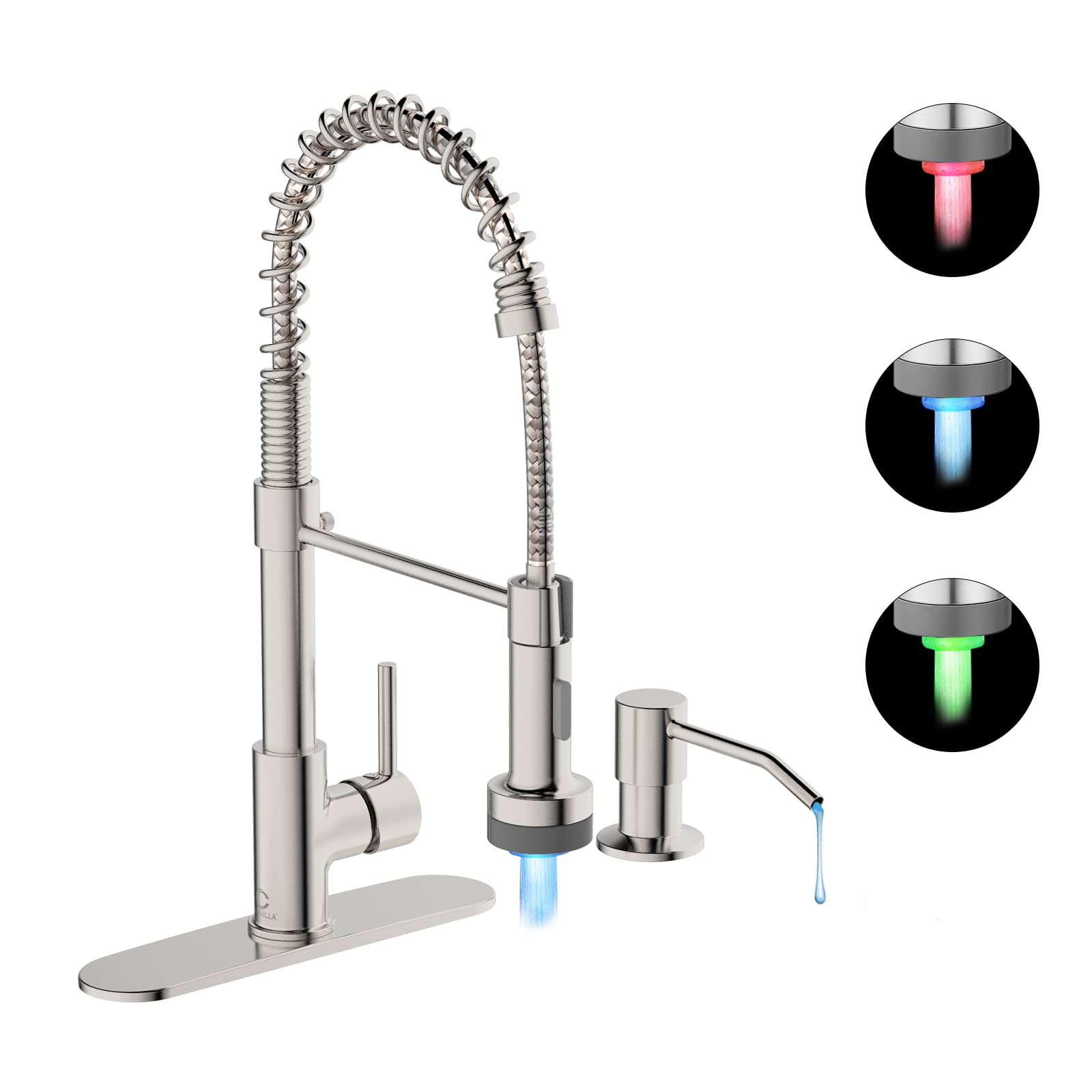 LED Light Kitchen Faucet with Soap Dispenser - Brushed Nickel Single Handle Pull Down Sprayer Stainless Steel Sink Faucet for RV, Camper, Farmhouse & Home Kitchen - Perfect for Modern, Small & Mobile Living Spaces