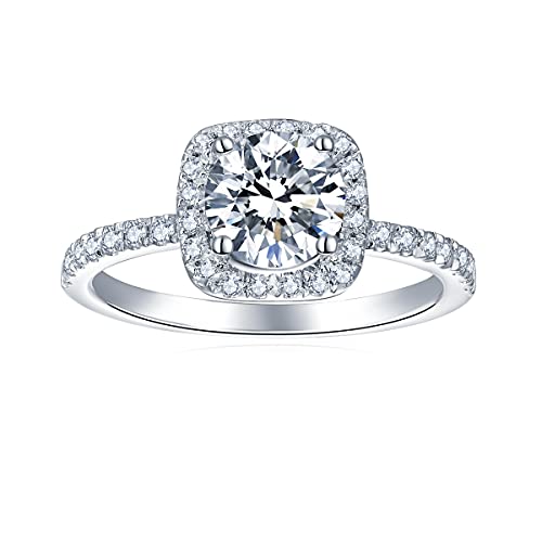 1CT Moissanite Wedding Band Ring for Women - Cushion Cut Solitaire Engagement Ring with Accents, Platinum Plated Silver (Sizes 5-9.5) | Anniversary Gift, Proposal, Bridal Jewelry
