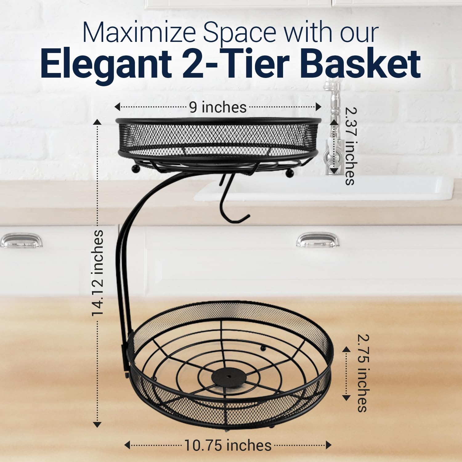 2 Tier Fruit Basket with Banana Hanger - Kitchen Counter Fruit & Vegetable Storage Bowl - Black by Linda's - Perfect for Organizing Fresh Produce in Pantry, Dining Room or Kitchen Countertop