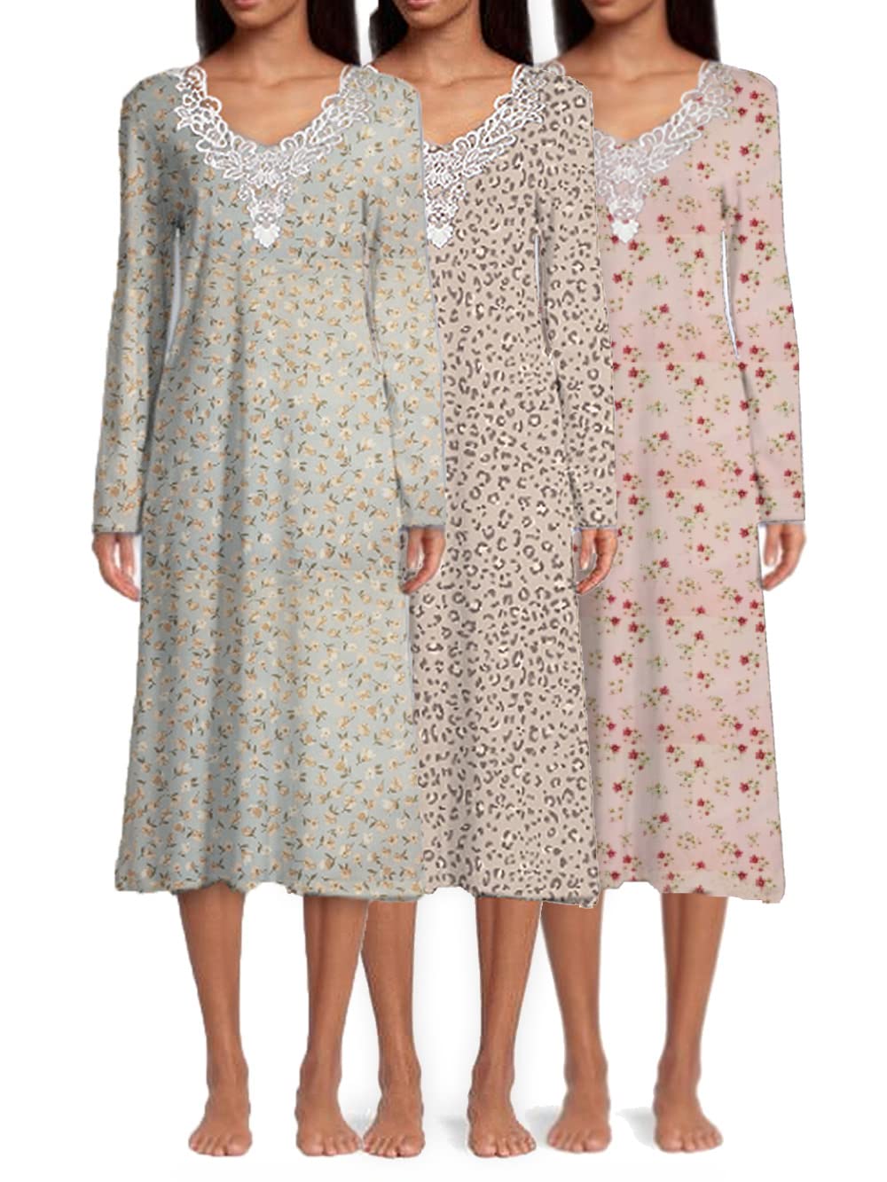Women's Adaptive Open Back Nightgowns - Multi Pack Long Sleeve Floral Print Patient Gowns - Comfortable Hospice & Home Care Nightwear for Elderly, Post-Surgery & Hospital Use