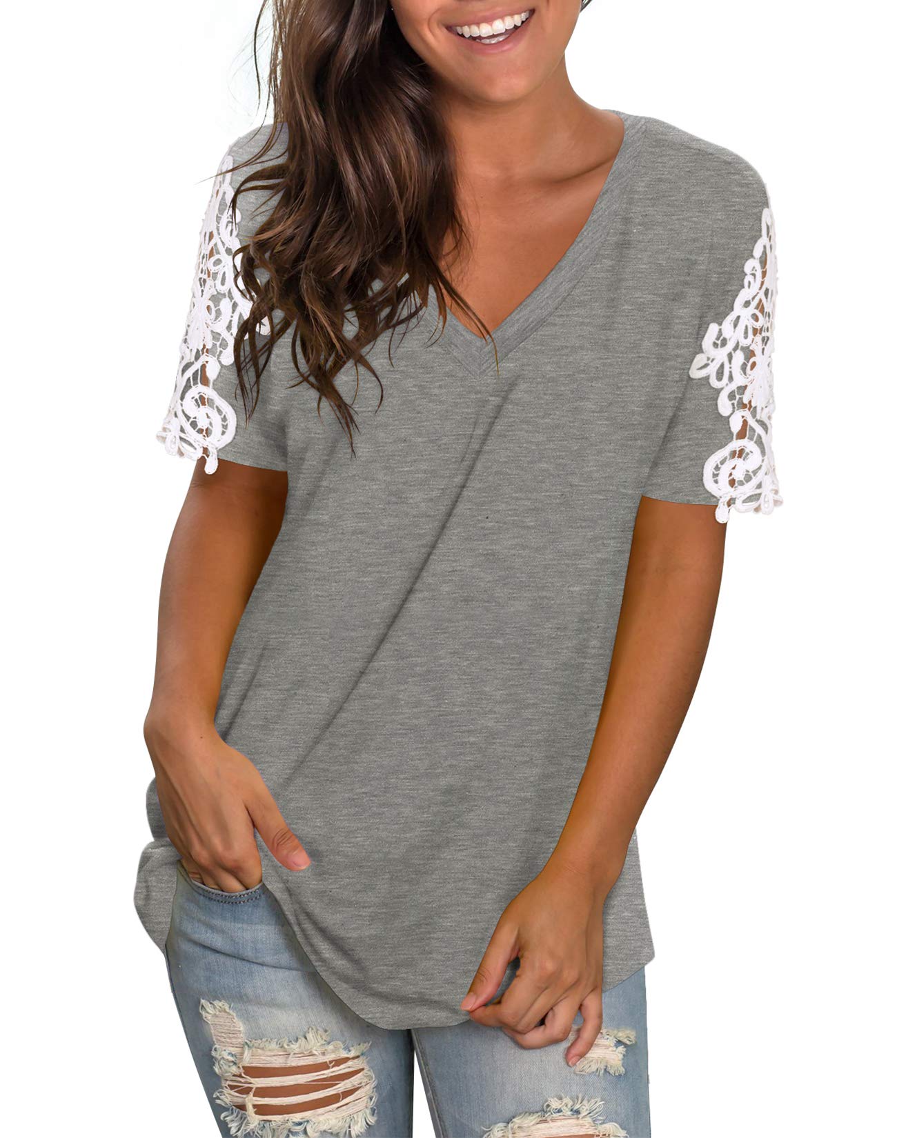 NIASHOT Women's V-Neck Short Sleeve Lace T-Shirt - Casual Summer Blouse for Women | Perfect for Beach Outings, Date Nights & Everyday Wear