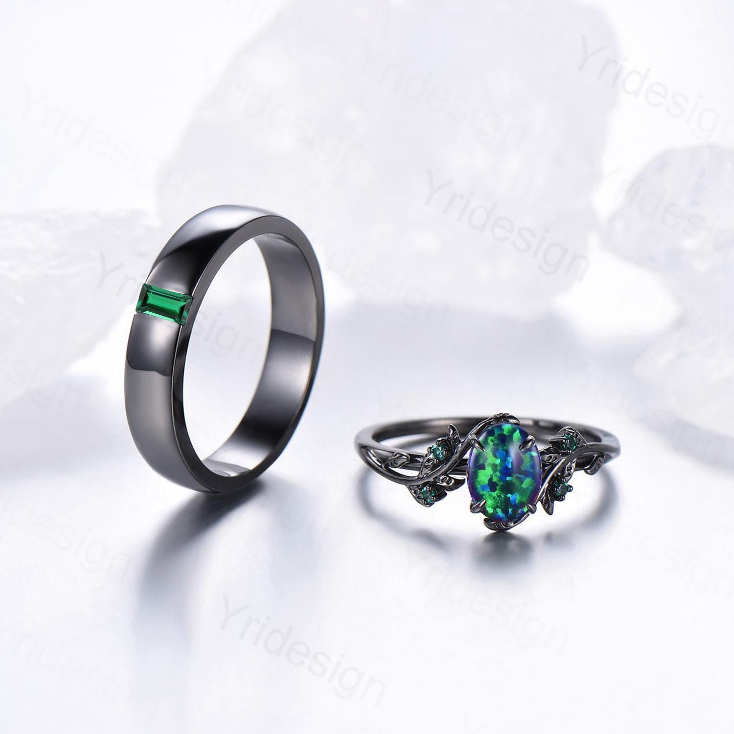 Black Gold Fire Opal Couples Ring Set - His & Hers Wedding Bands, Emerald Bridal Rings for Men & Women - Perfect for Engagement, Promise, Anniversary Gifts - Ideal for Romantic Occasions & Special Celebrations