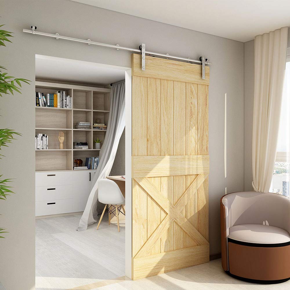 TSMST 6FT Heavy Duty Stainless Steel Sliding Barn Door Hardware Kit - Smooth & Quiet L-Shaped Track for Single Wood Doors | Perfect for Bedrooms, Closets & Farmhouse Style Homes